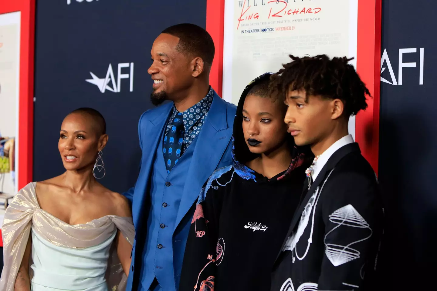 Jada Pinkett Smith, Will Smith, Willow Smith and Jaden Smith at a premiere.