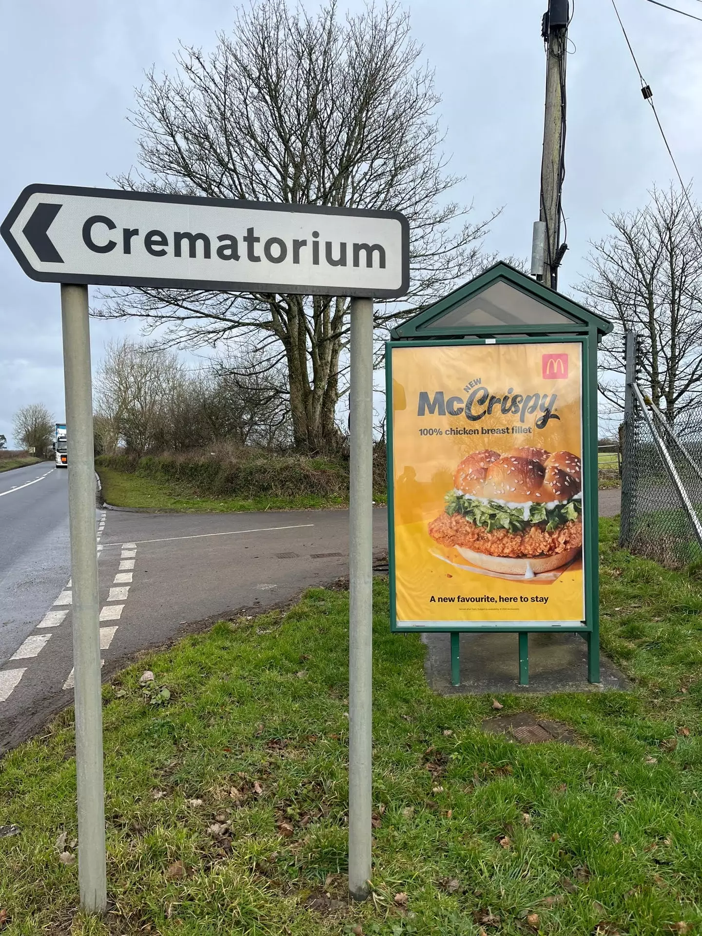 It's hard not to make the connection between the sign and the crematorium.