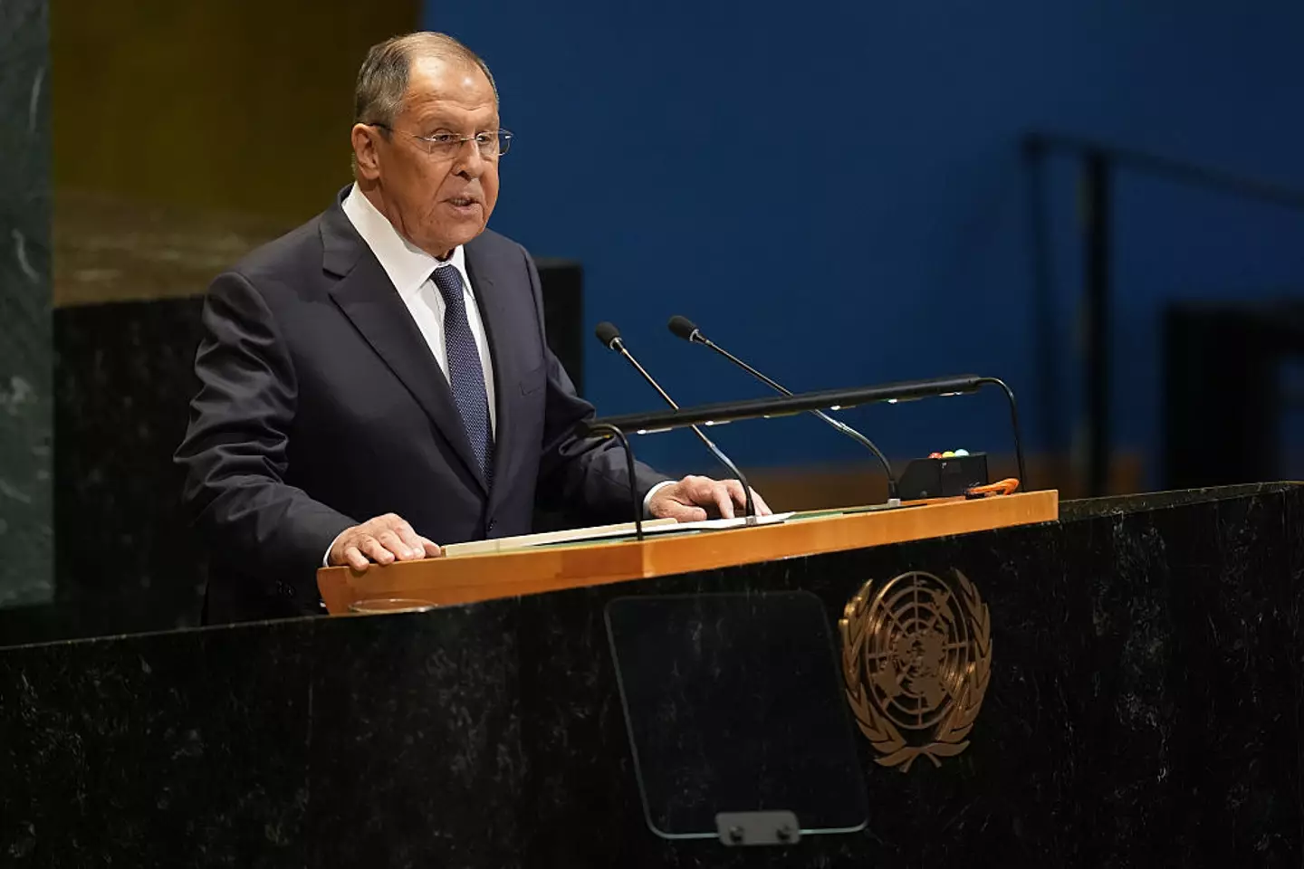 Sergei Lavrov spoke at the United Nations General Assembly (David Dee Delgado/Bloomberg via Getty Images)