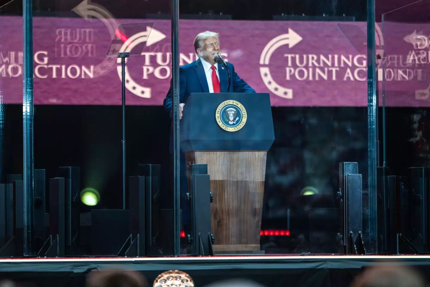 Trump and other speakers delivered speeches from behind bulletproof glass at Kirk's funeral on Sunday (Jon Putman/Anadolu via Getty Images)