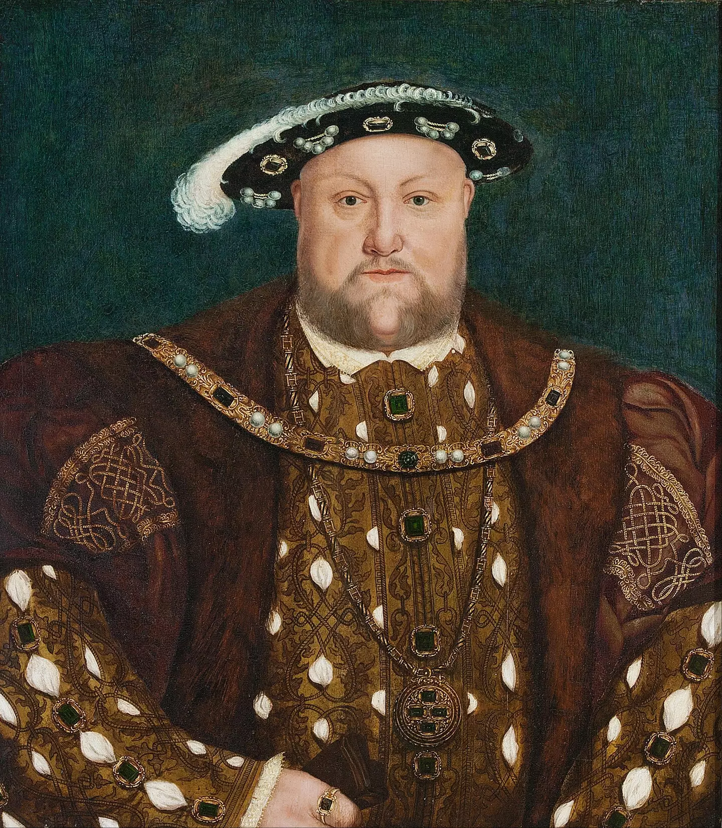 Henry VIII in his later years, with a reputation for scoffing pies and chopping wives.
