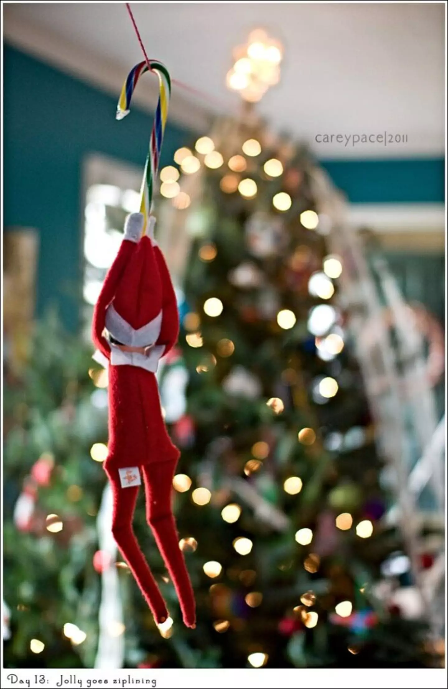 Elf on a candy cane zipline. (