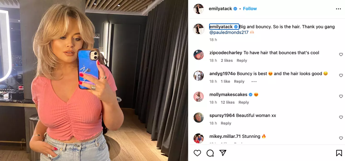 Emily Atack shared the post to show off her new hairstyle.