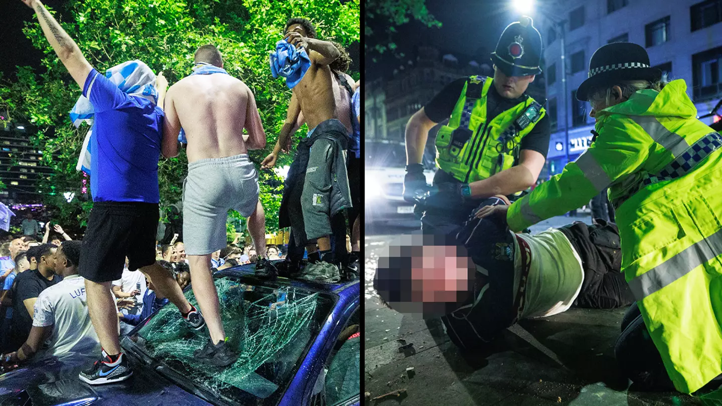 Man City fans launch wild celebrations as they mount bus stops and smash cars after Champions League win