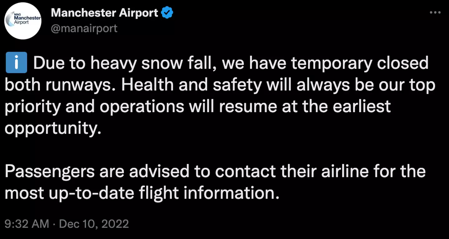 Manchester Airport has closed its runways because of heavy snowfall.