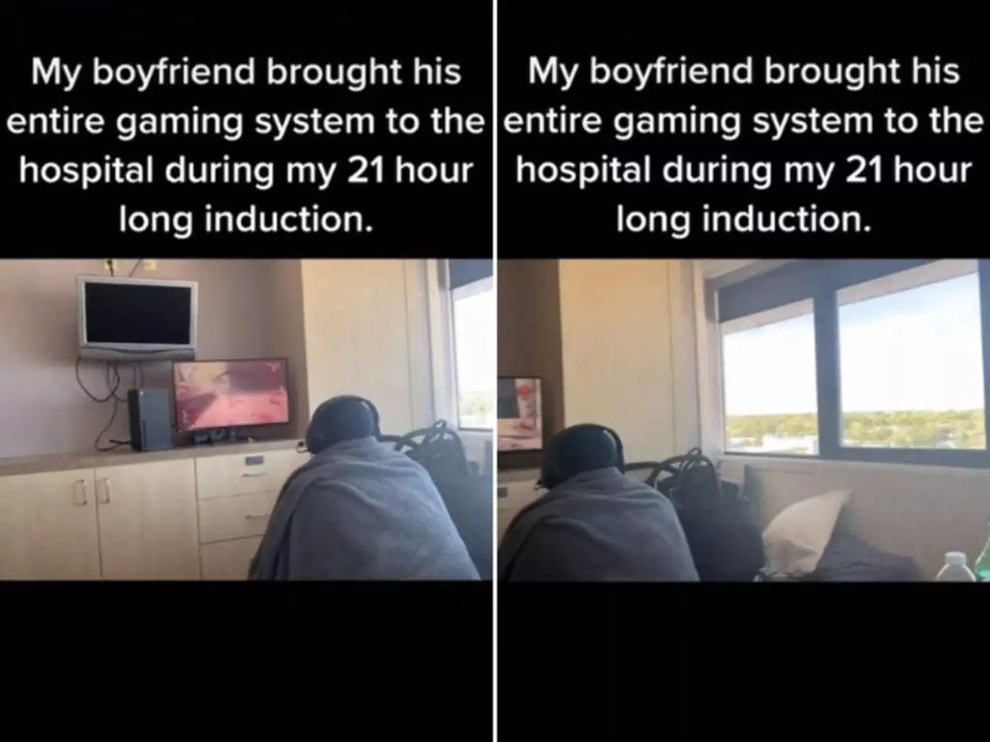 A woman in labour has shared what her partner was up to while she was giving birth.