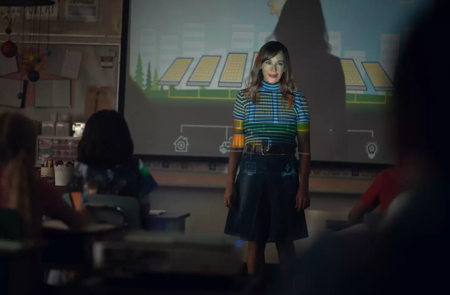 Unable to afford a premium subscription, Amanda becomes a walking advert - with bleak consequences (Netflix)