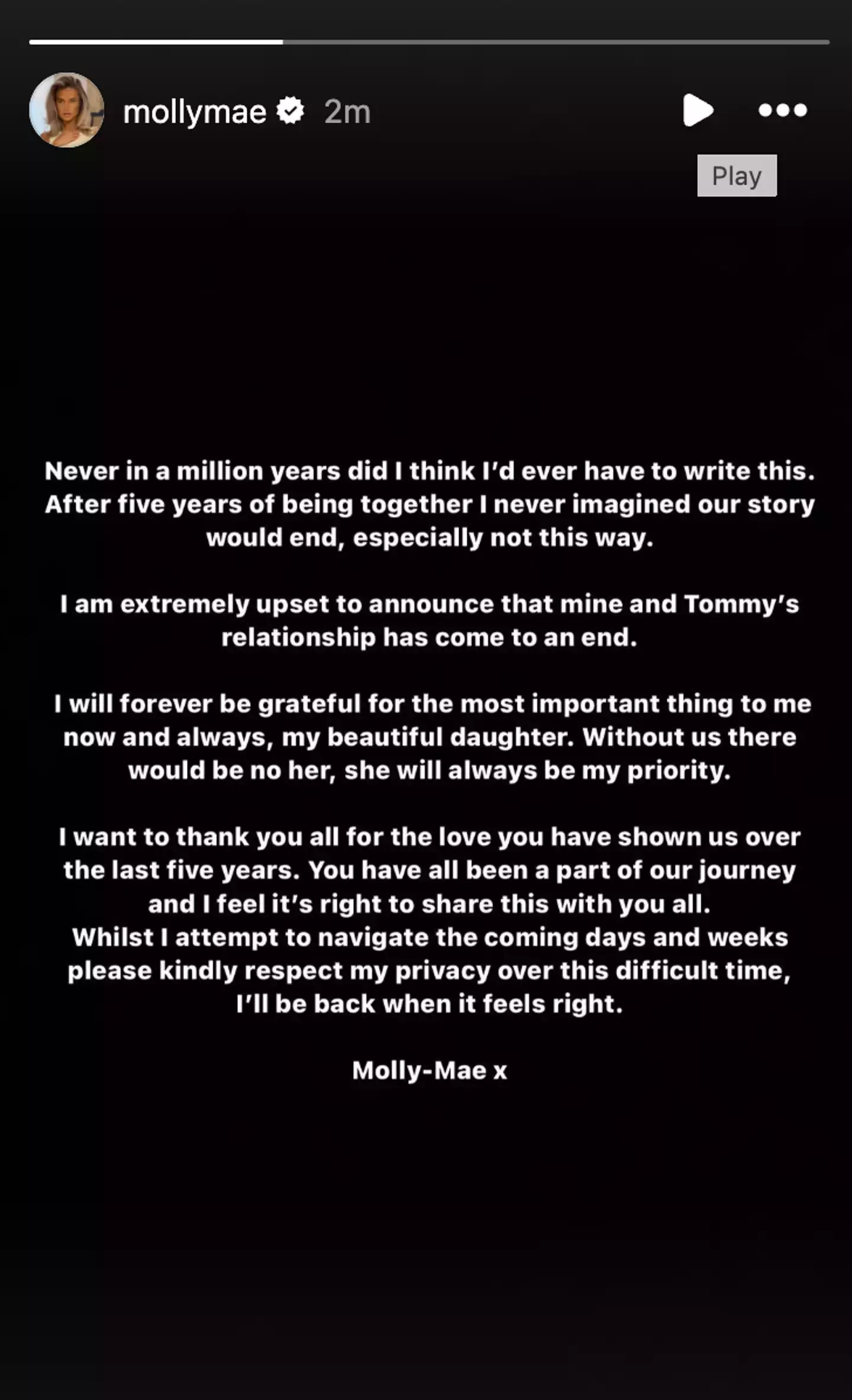 The statement uploaded to Instagram stories by Molly-Mae. (Instagram/@Mollymae)