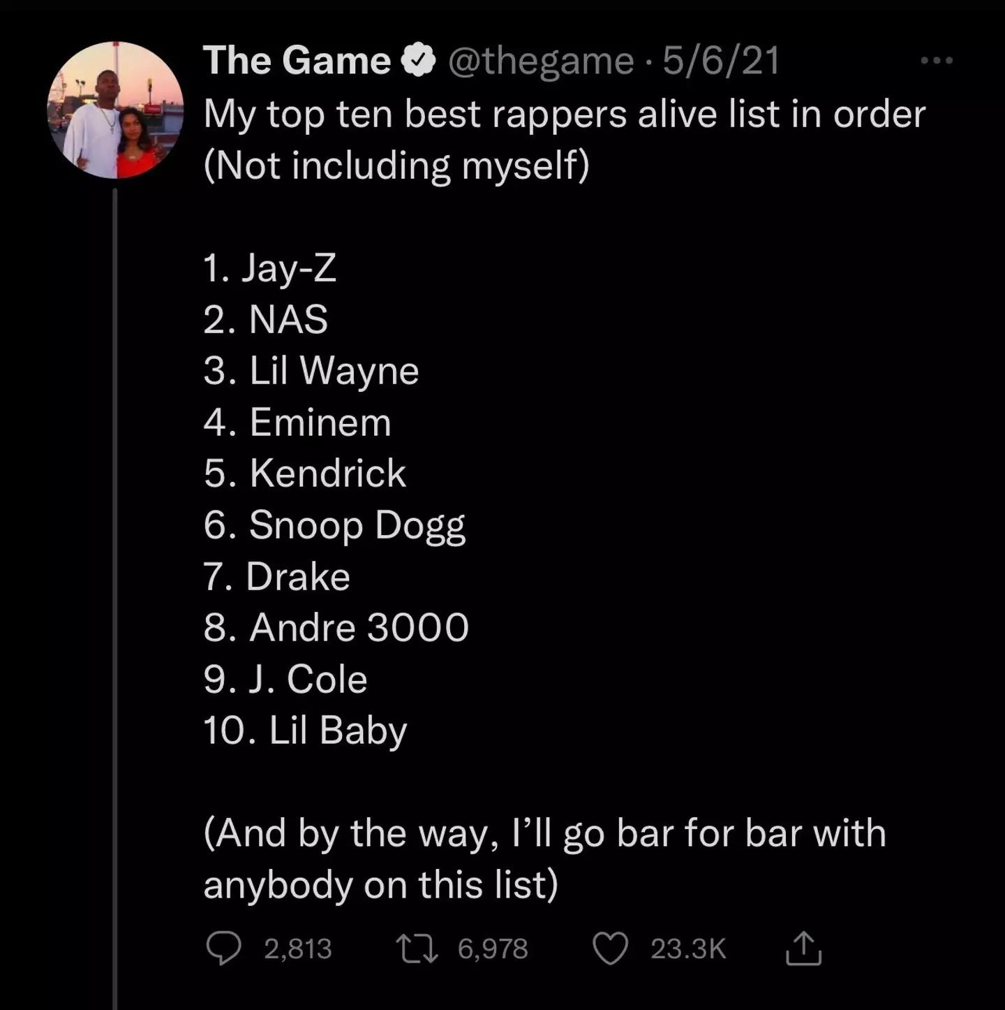 The Game giving Eminem fourth spot.