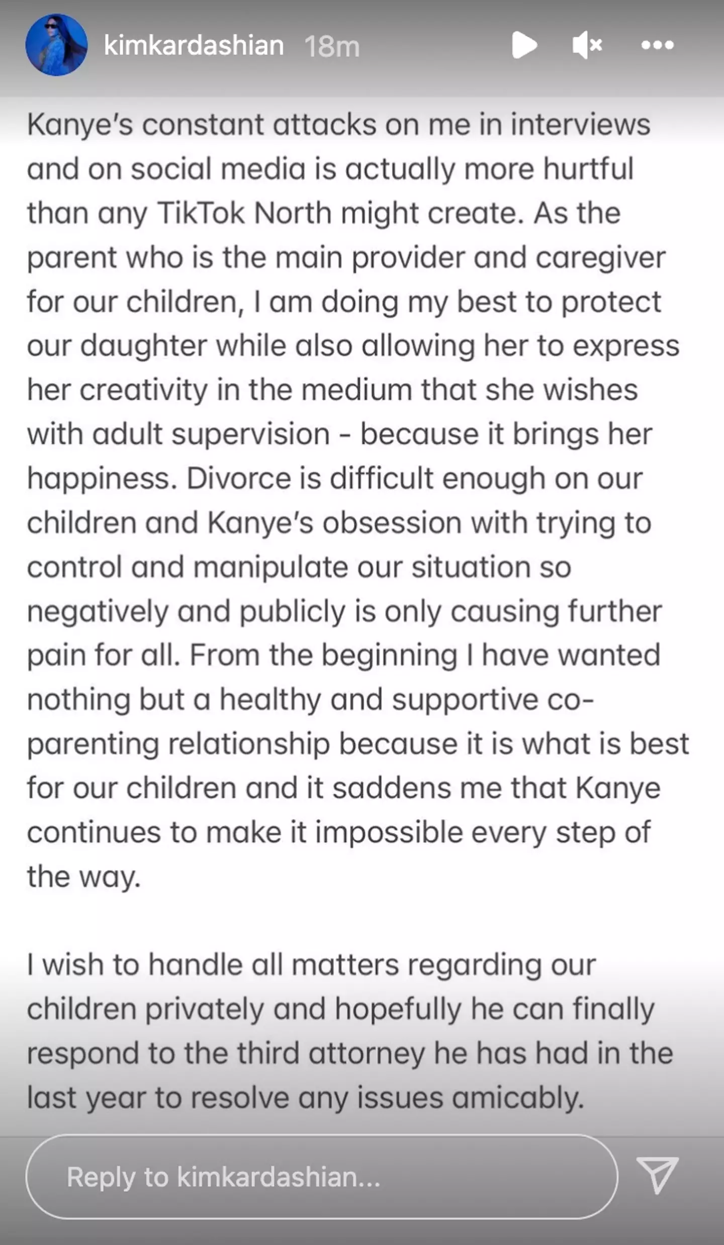Kim Kardashian has since responded to Kanye West's accusations on the platform (Instagram @kimkardashian). 