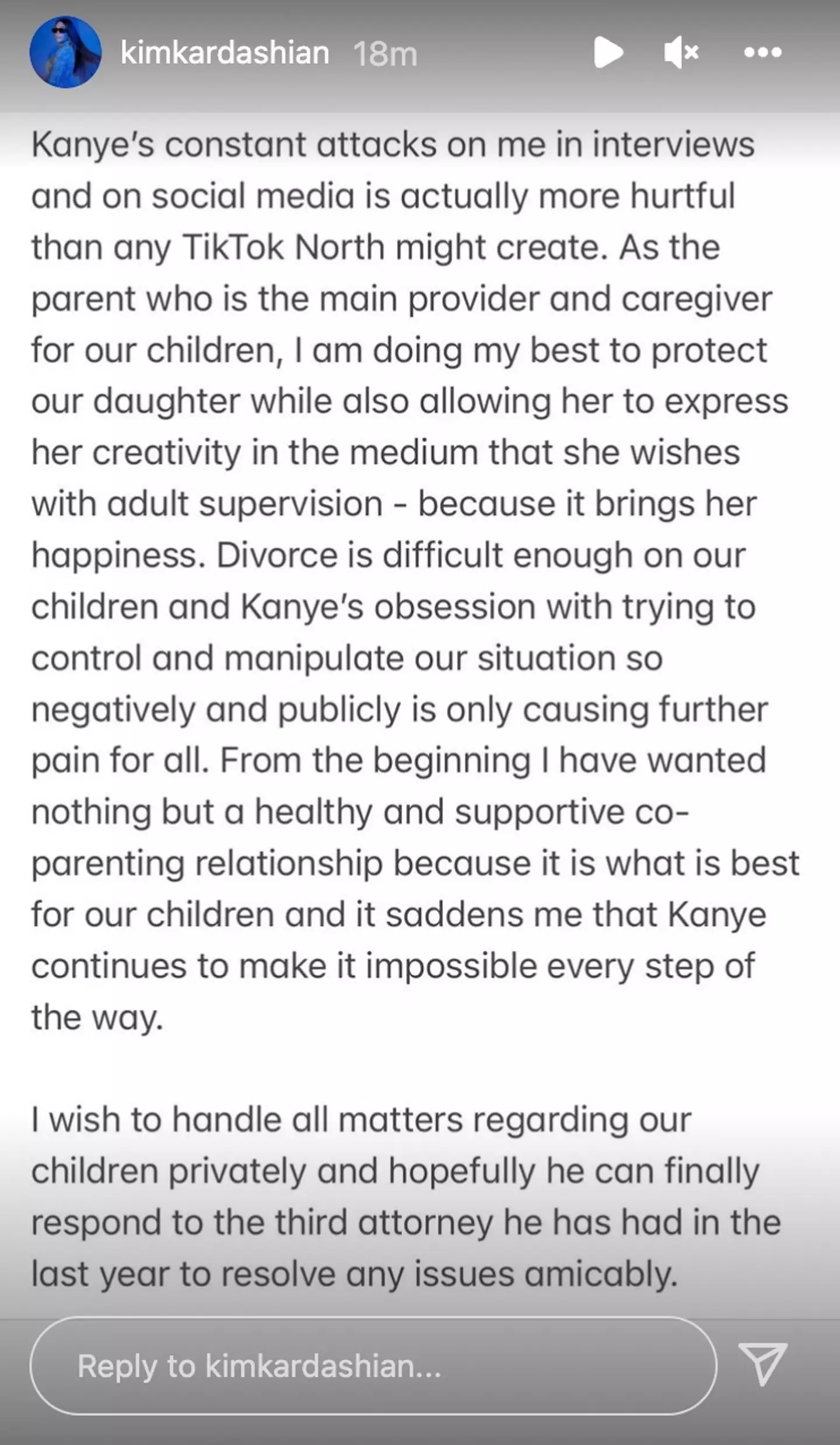 Kim Kardashian has since responded to Kanye West's accusations on the platform (Instagram @kimkardashian).
