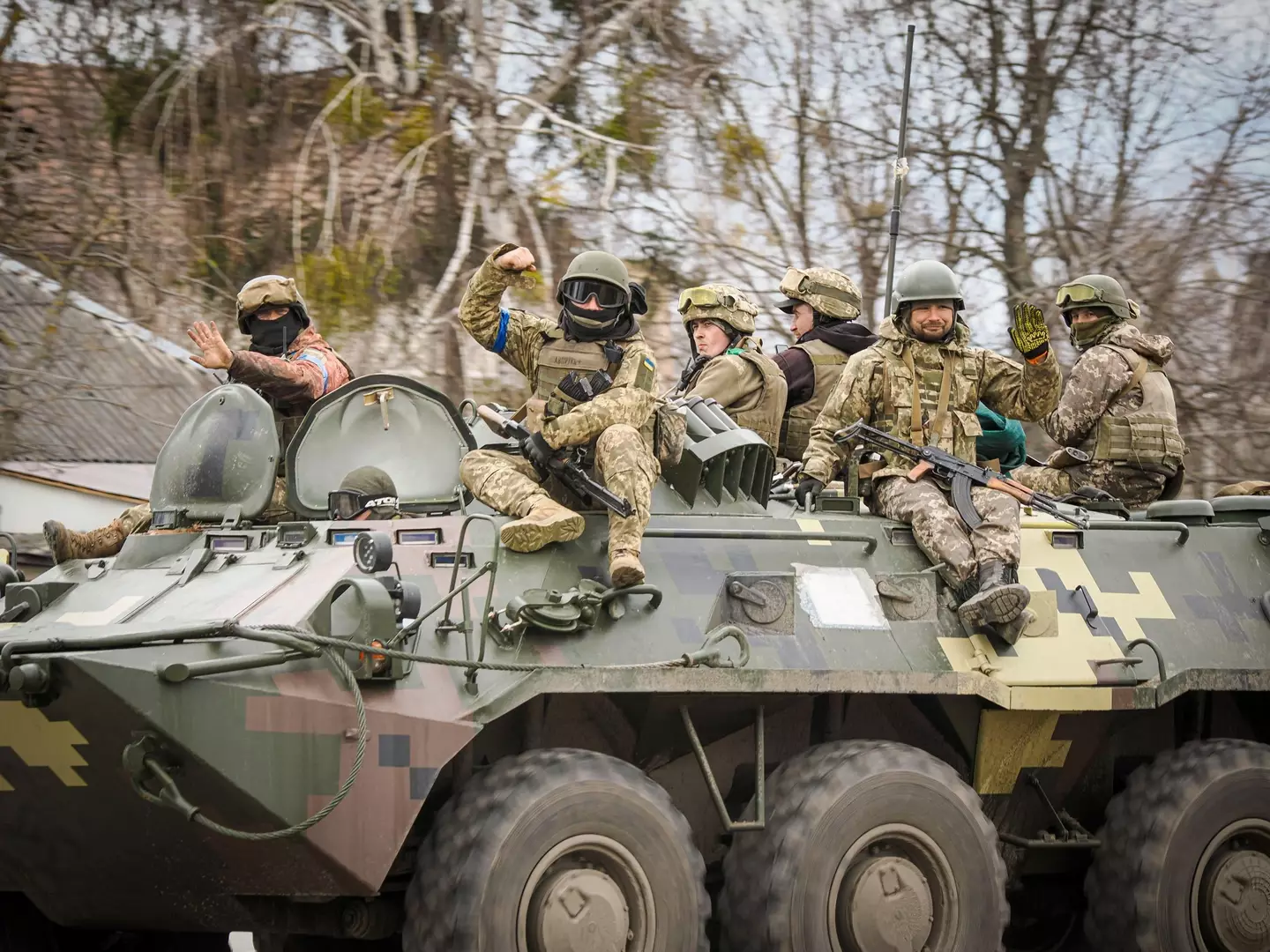 Ukrainian troops seen in Hostomel after the withdrawal of the Russian troops.