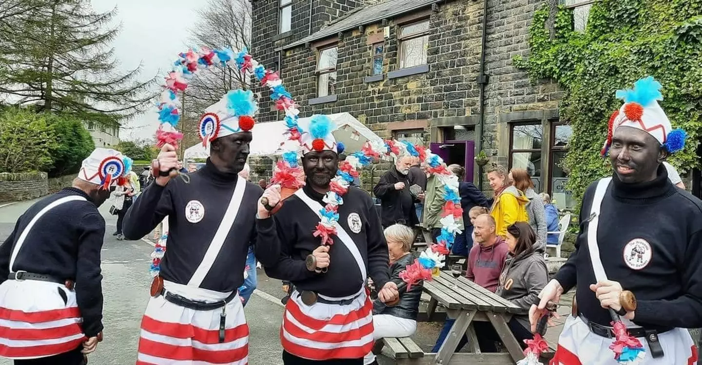The Britannia Coconut Dancers at the Crown Inn in Bacup.