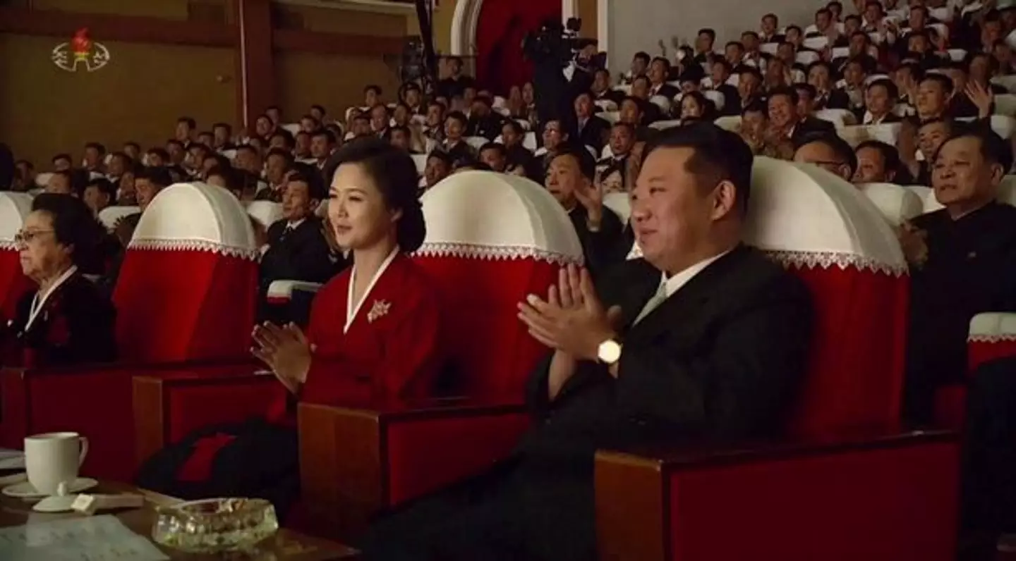 Kim Jong-un sitting next to his wife Ri Sol-ju (centre) and his aunt Kim Kyong-hui (left)