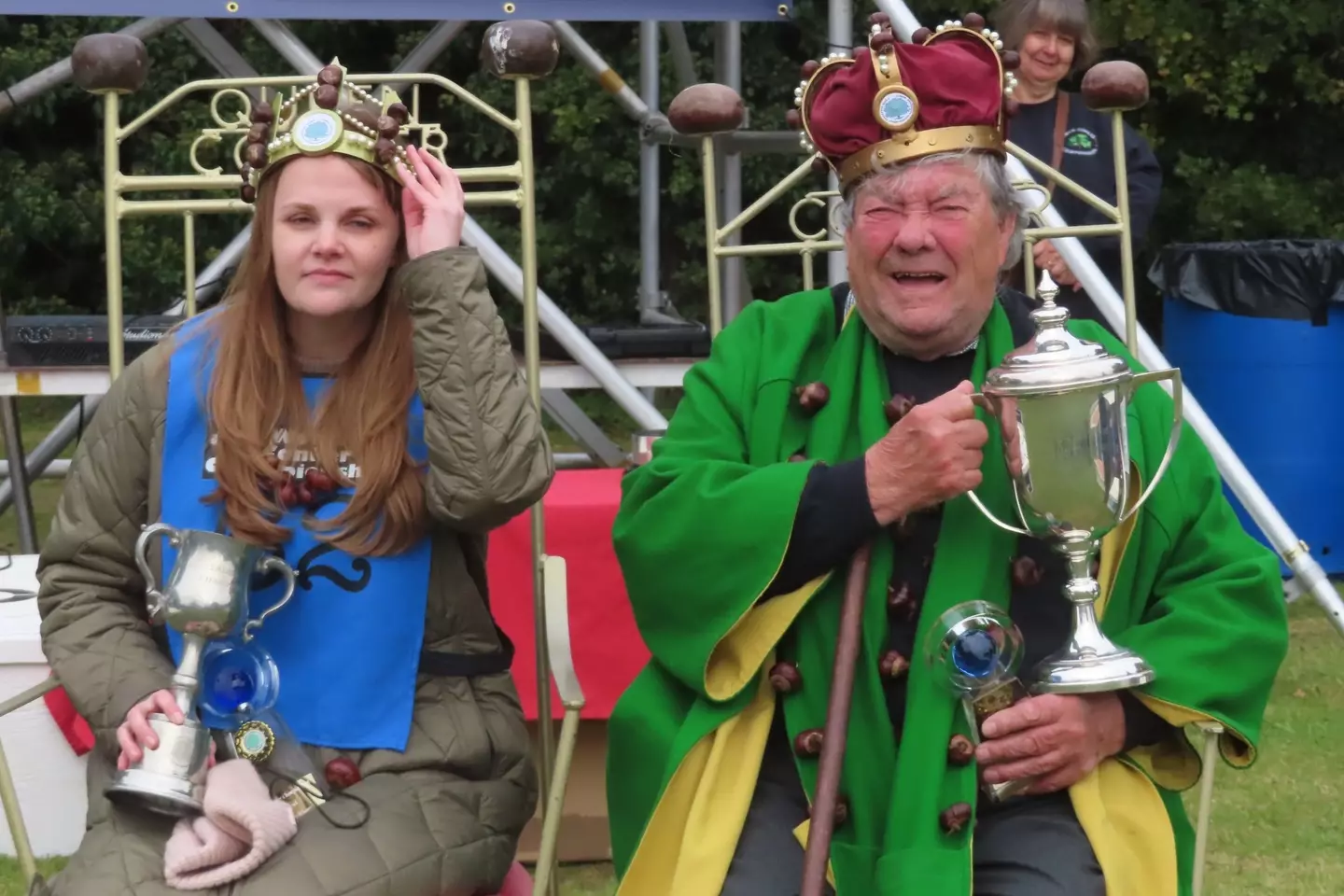 This year's overall winner was 'Queen Conker' Kelci Banschbach, while conker veteran David Jakins was crowned 'King Conker'. (World Conker Championships)