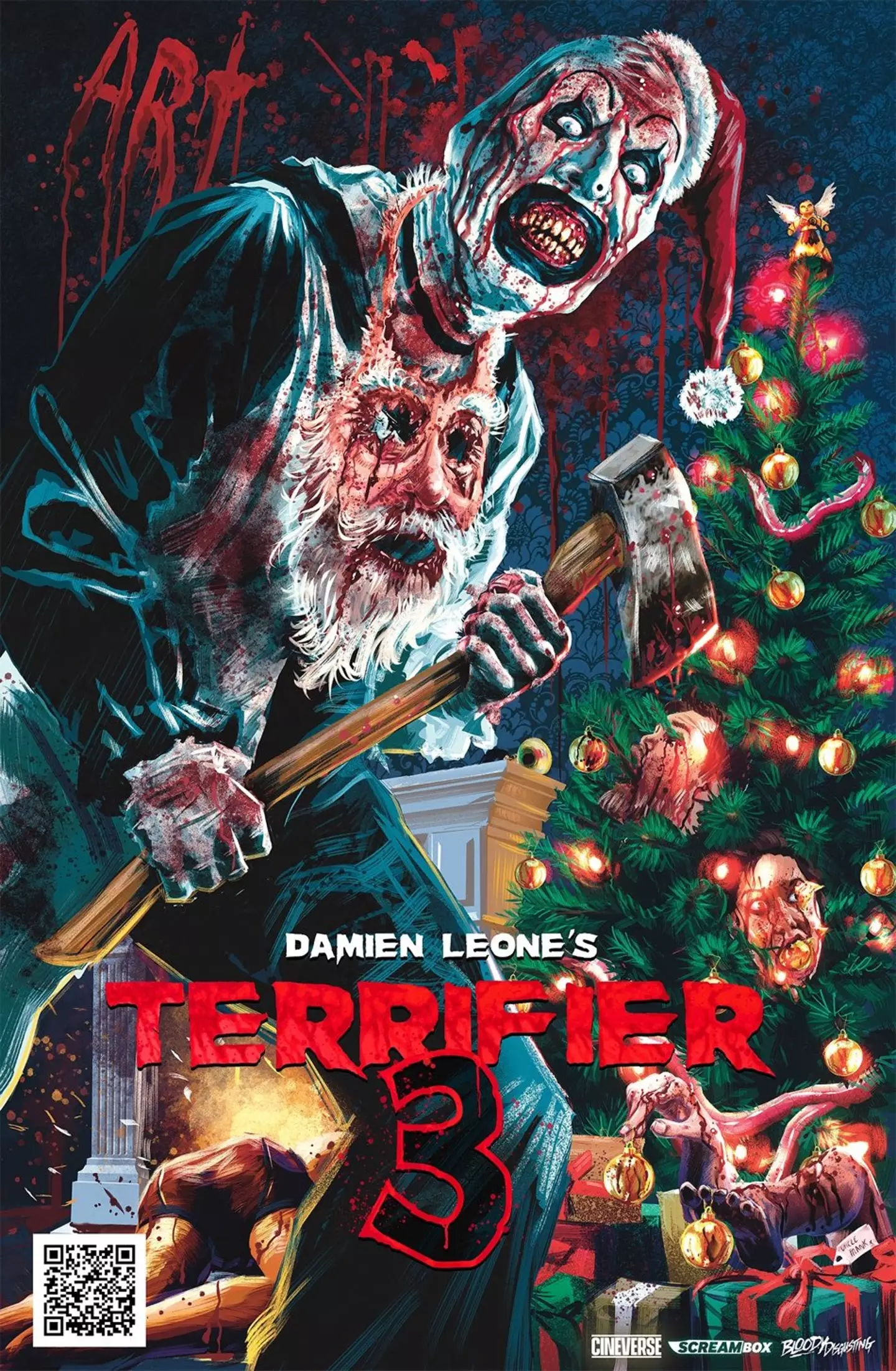 Art the Clown with Santa's face as a necklace. (Cineverse Corp)