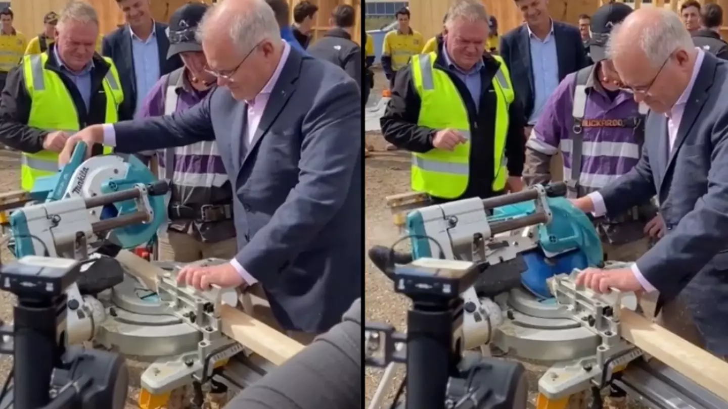 People Are Howling Over Scott Morrison Using A Drop Saw While On The Campaign Trail