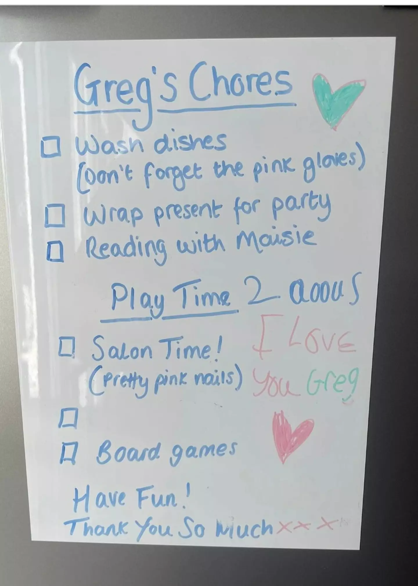 The parents comically left a list of chores for him to complete on Saturday.