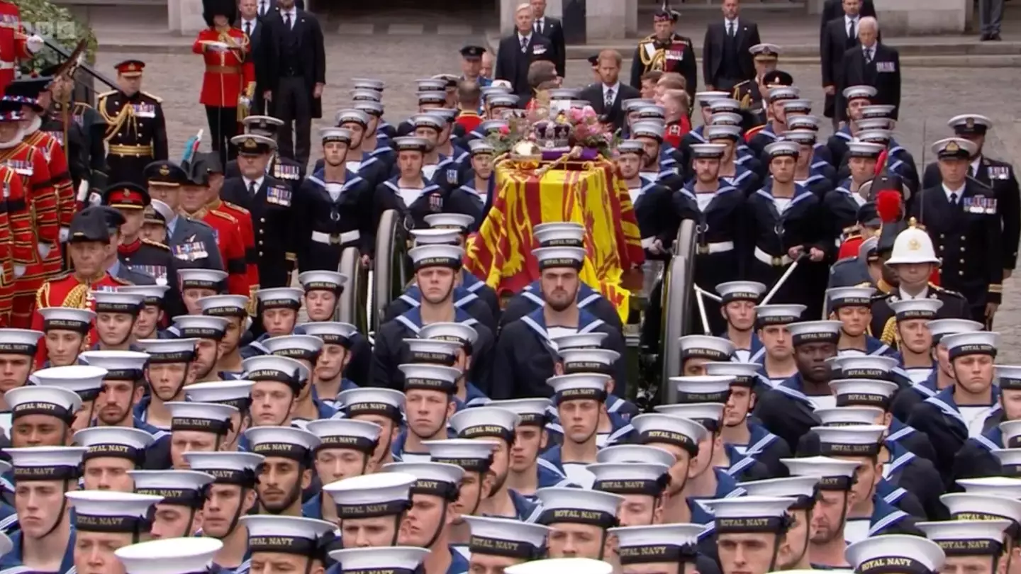 The Queen's coffin on the way to Westminster Abbey.