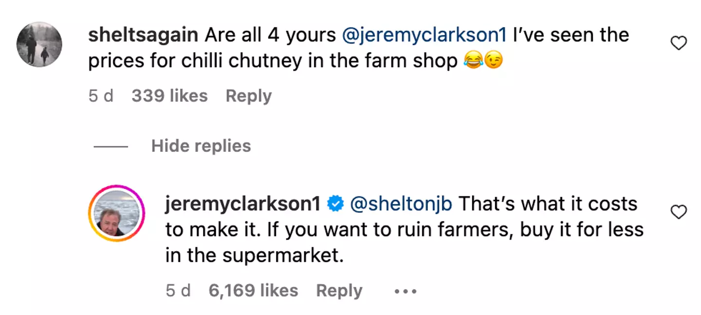 The Clarkson's Farm star was quick to respond to the criticism.