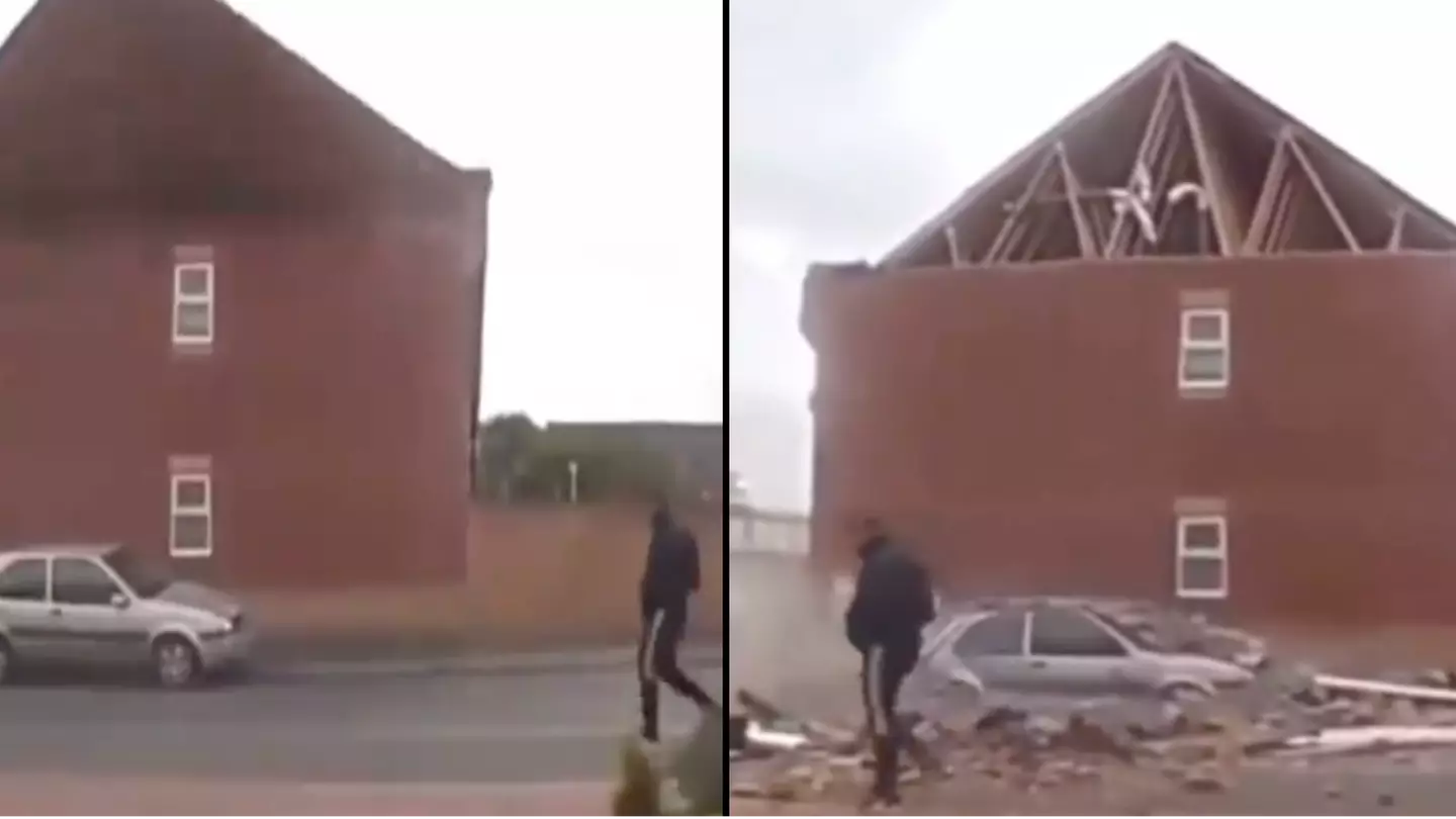 Man has most British reaction ever to side of house narrowly missing him on street