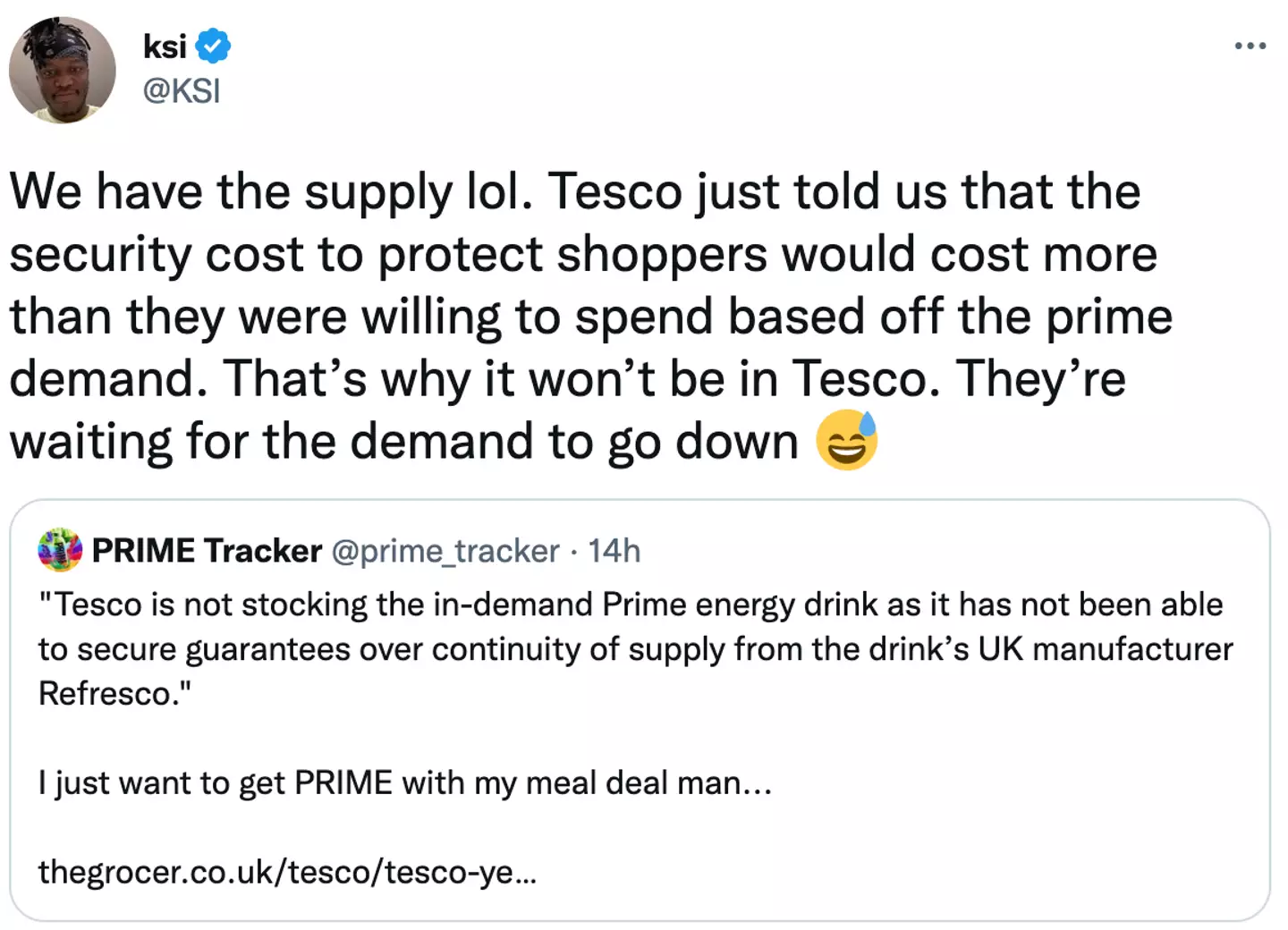 The YouTuber recently responded to a tweet about Tesco not selling Prime.