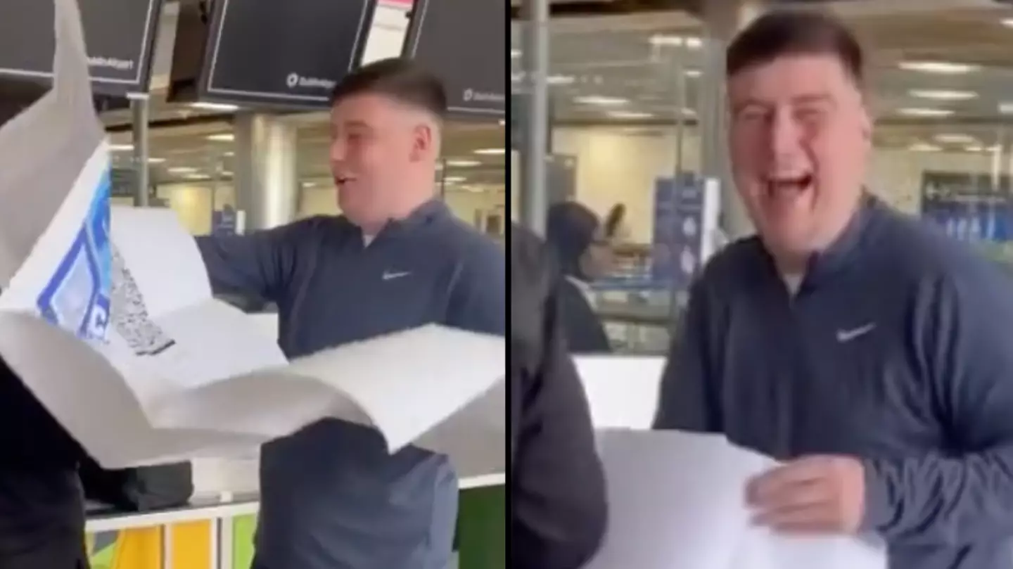Bloke pranked with ridiculously massive Ryanair boarding pass at airport