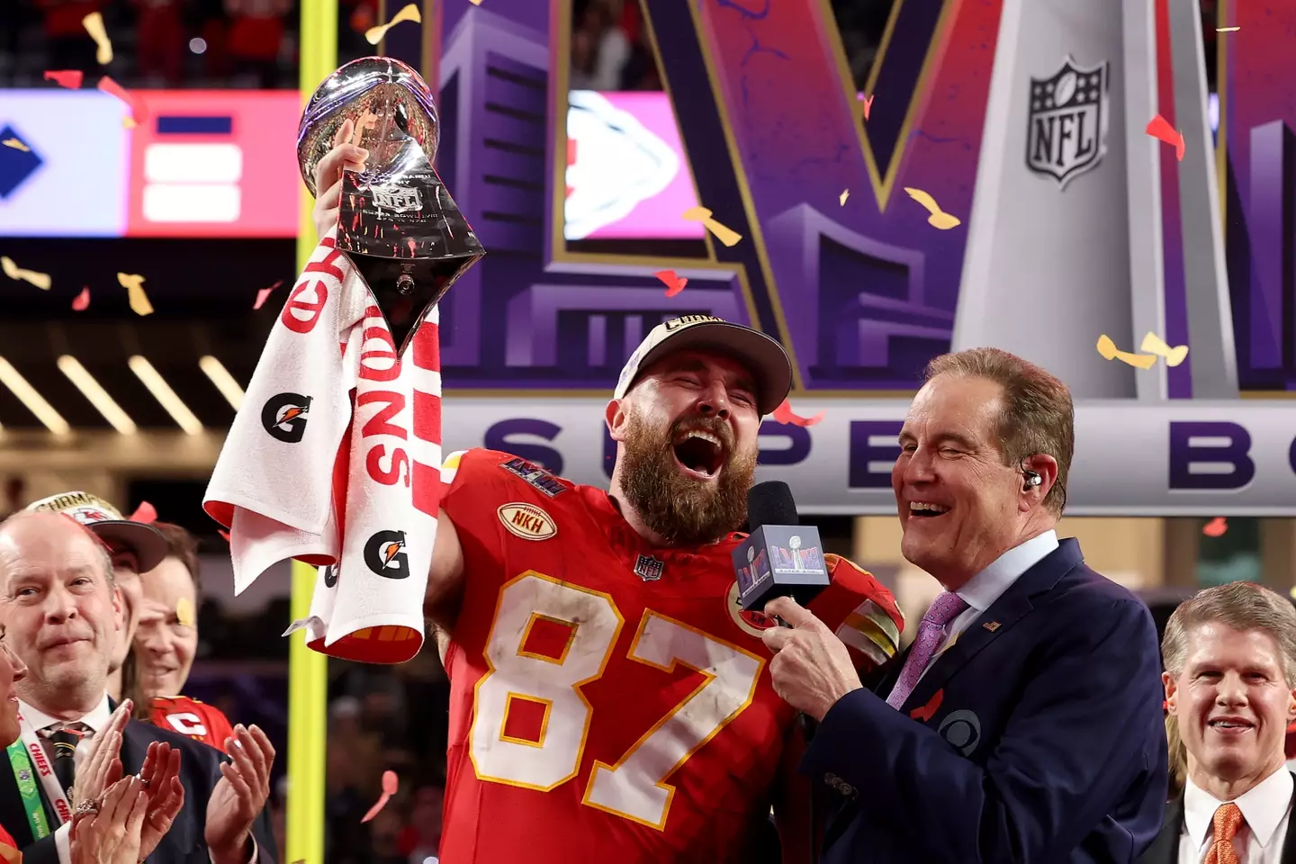 Kelce lifting the Lombardi Trophy (Jamie Squire/Getty Images)