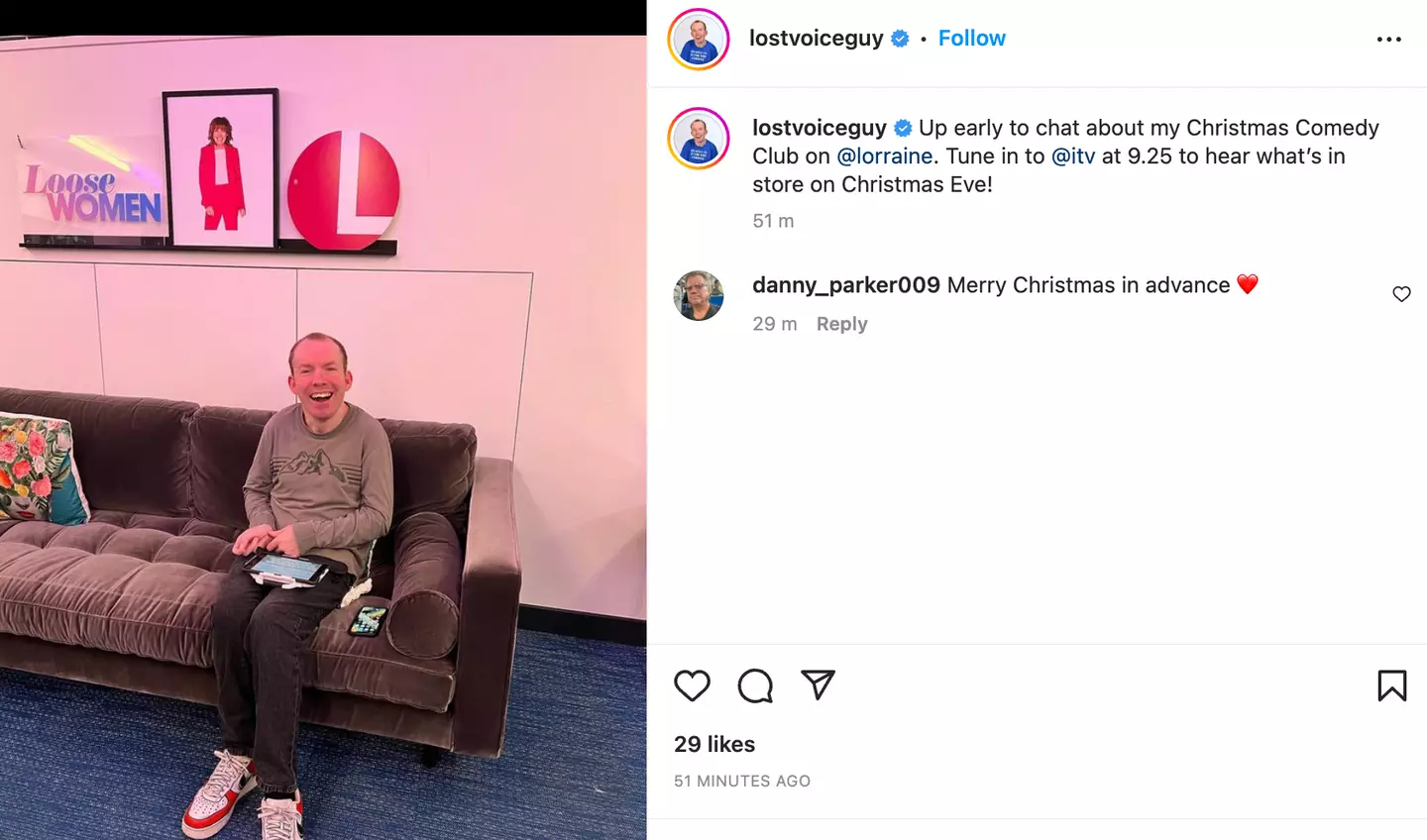 Lost Voice Guy is set to appear in a Christmas special show on Christmas Eve.