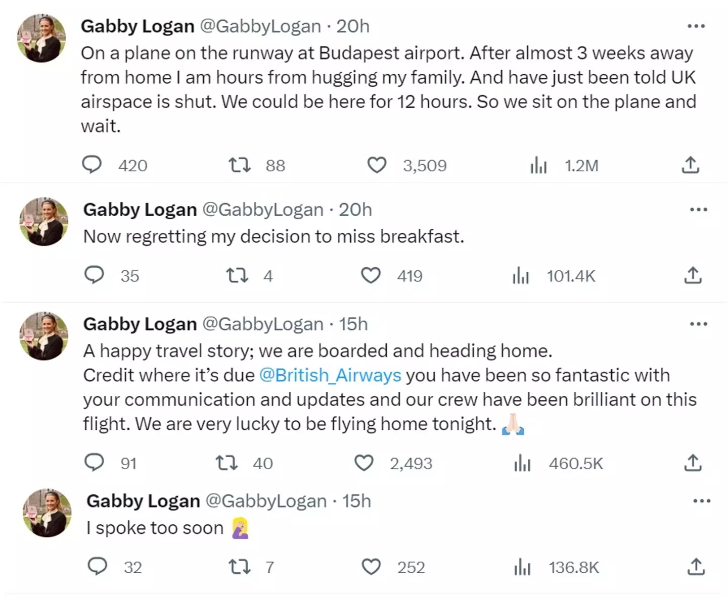 A travel story in four parts, courtesy of Gabby Logan.