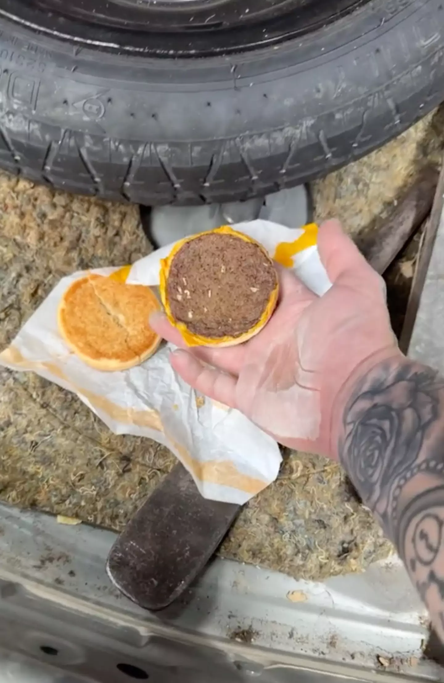 Cameron Holland found an old McDonalds cheeseburger in the back of a car at work.
