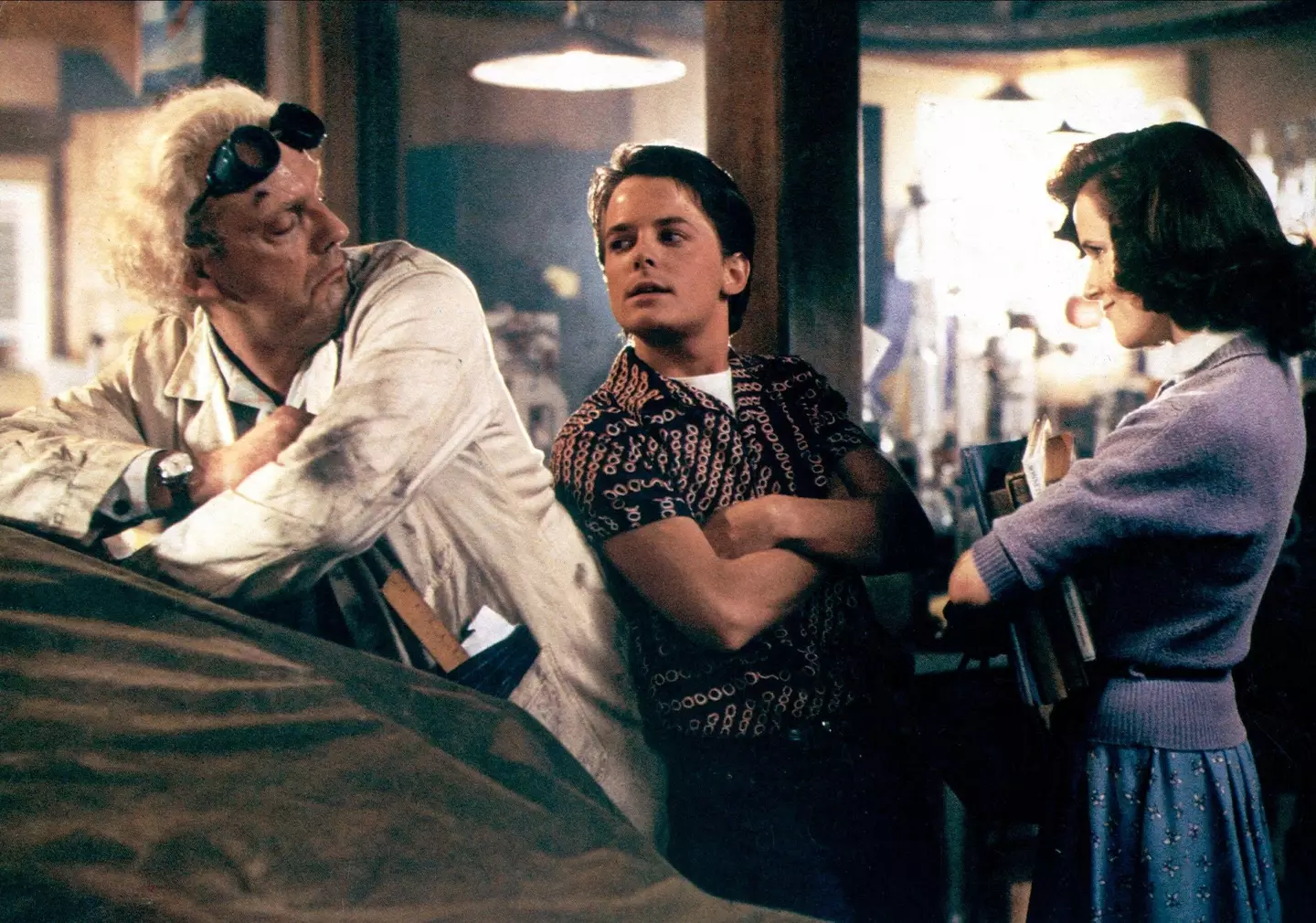 Christopher Lloyd, Michael J. Fox and Lea Thompson in Back To The Future, 1985.
