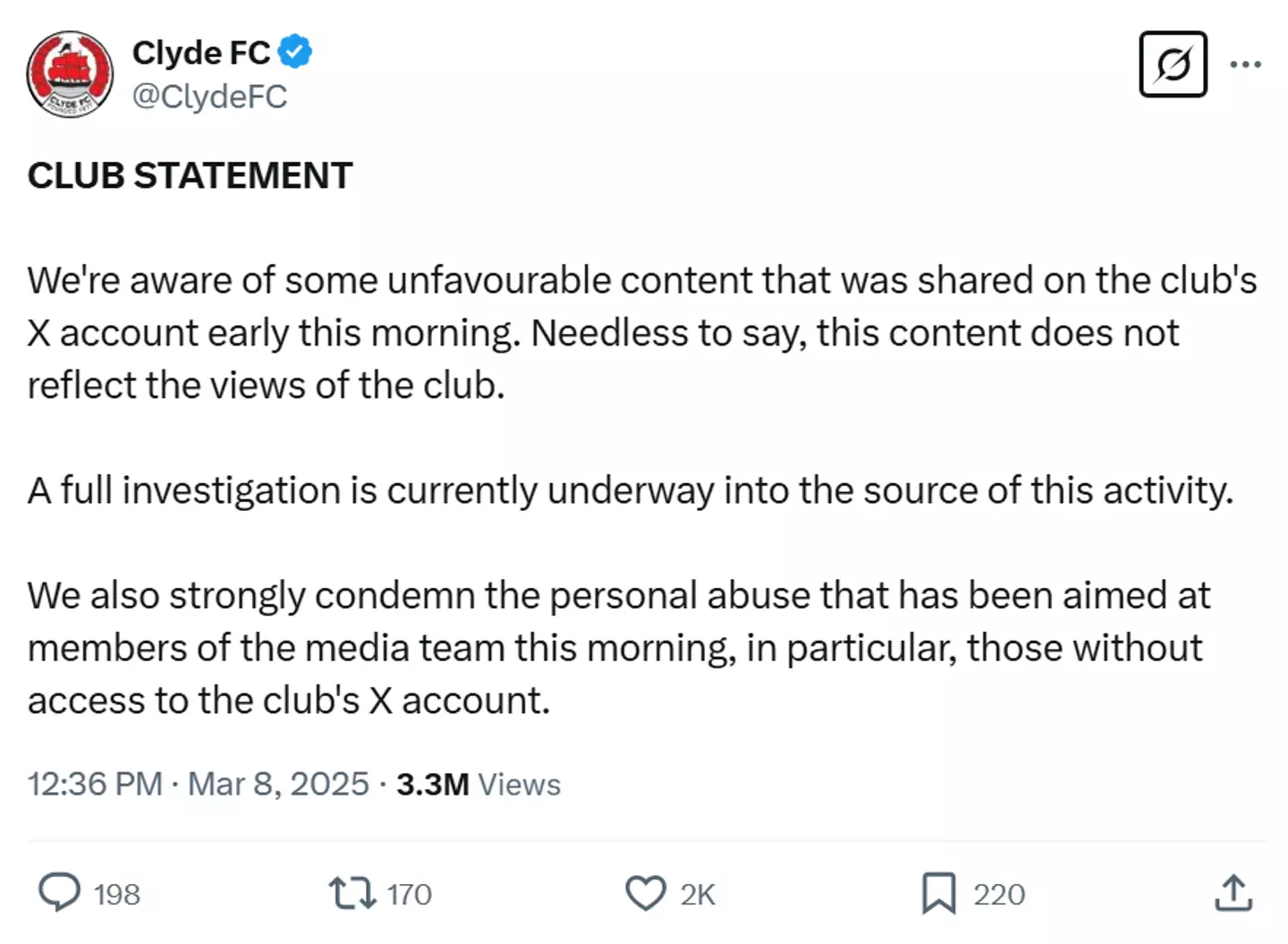 Clyde FC said they were investigating how this happened (X/@ClydeFC)