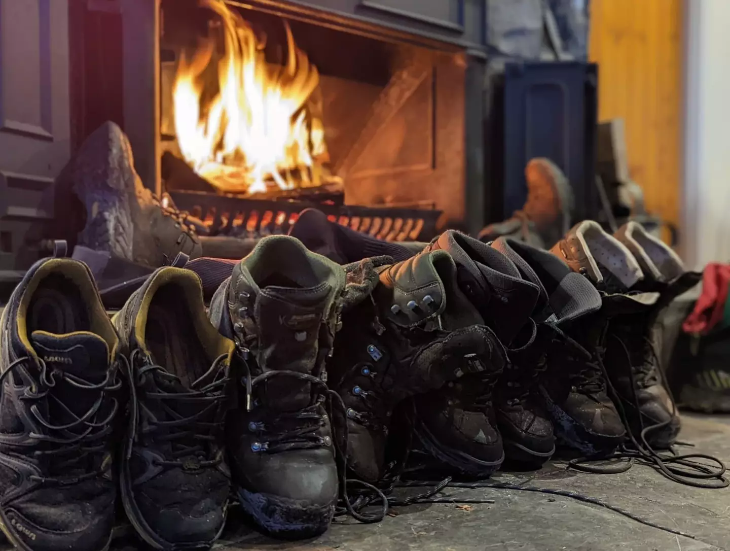 The pub has a fire for hikers to warm their boots.