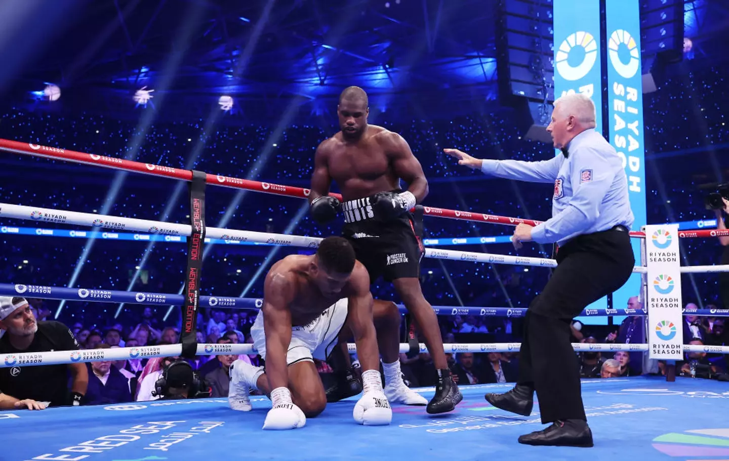 AJ was knocked down a number of times (Richard Pelham/Getty Images)