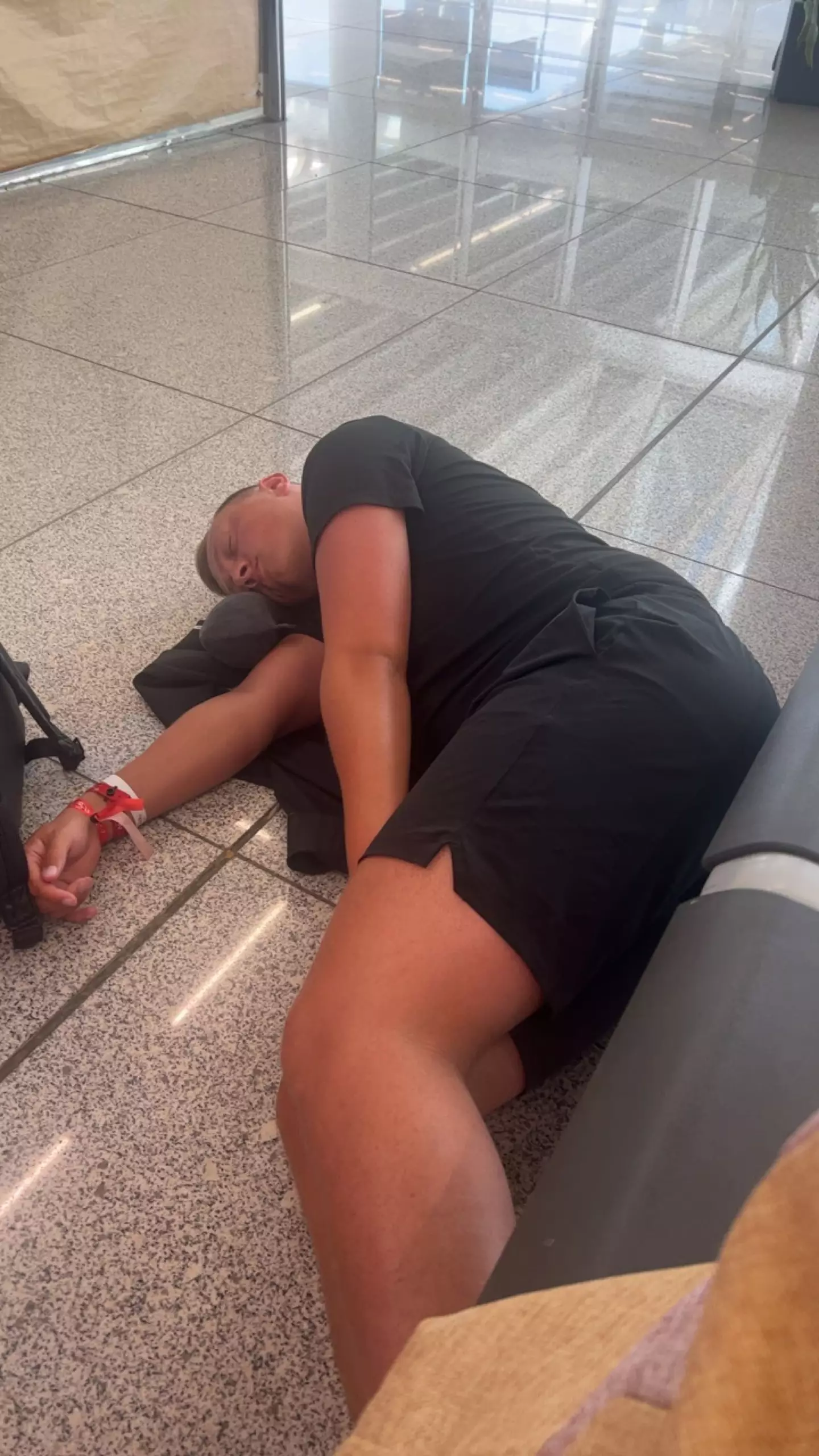 The couple ended up sleeping 'on the floor in the airport'.
