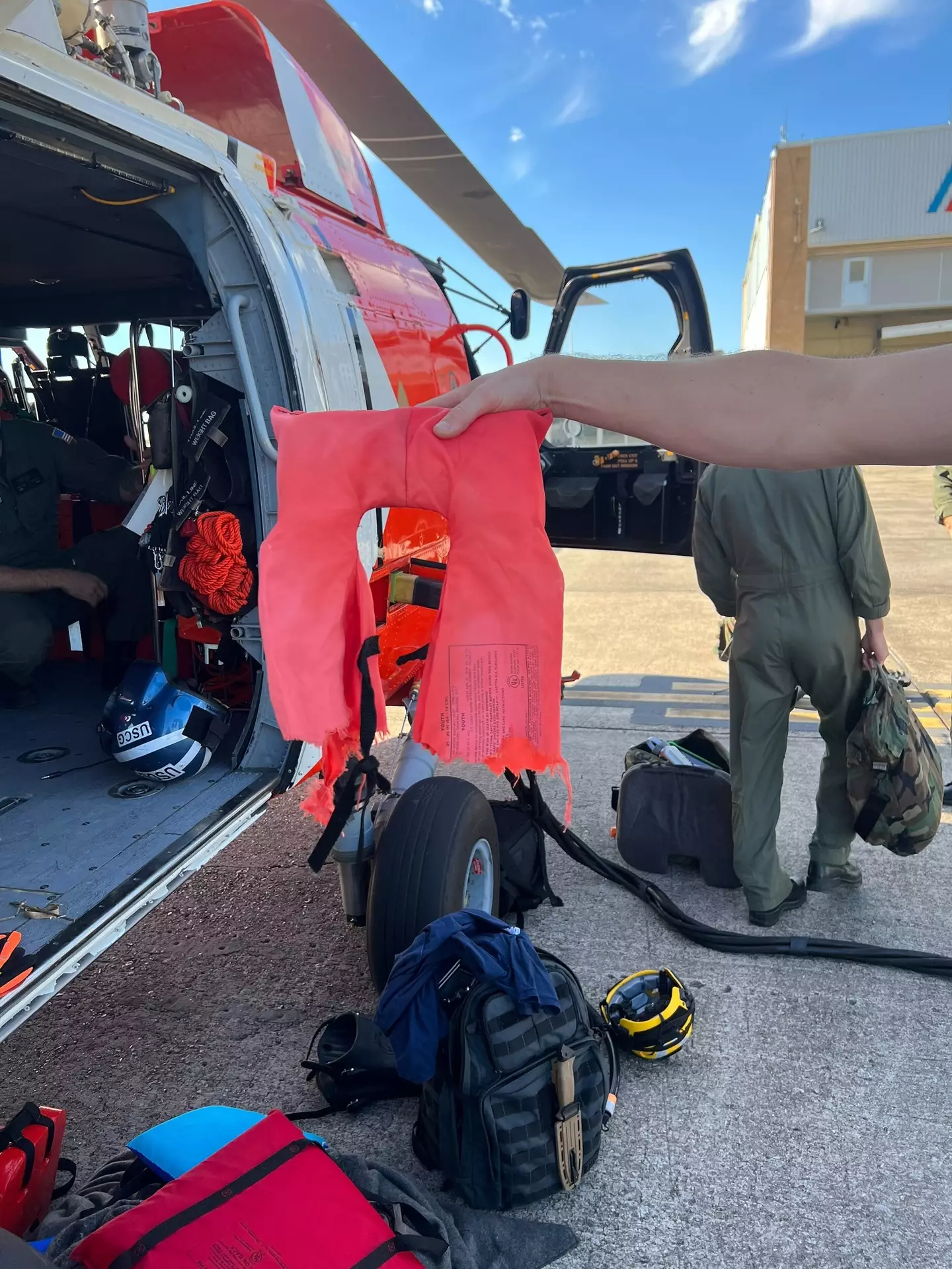 One of the life jackets was torn due to a shark attack.