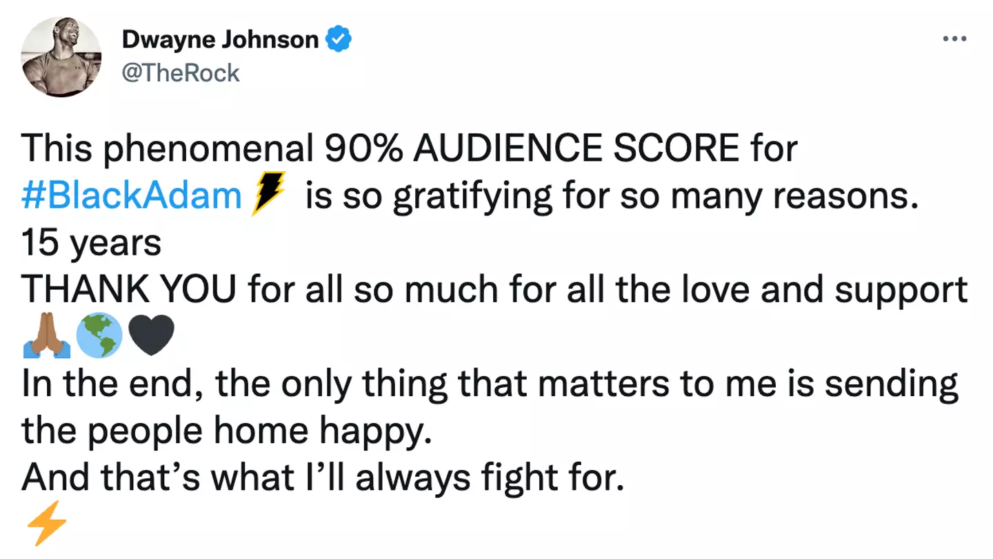 Dwayne Johnson has responded to the 'phenomenal' audience score for Black Adam.