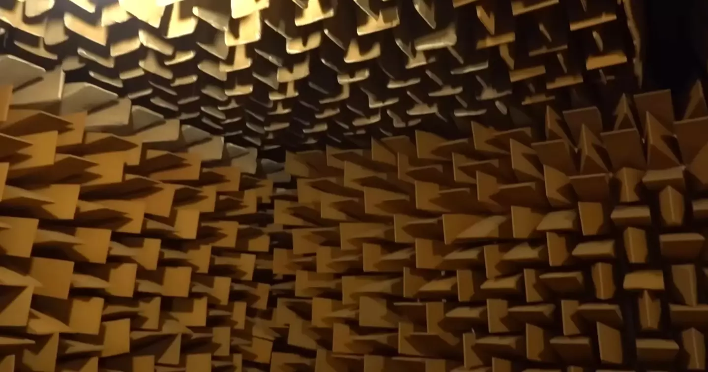 The Anechoic Chamber at South Bank University is made up of heavy concrete walls, long foam wedges and sound-proof doors (YouTube/Callux)