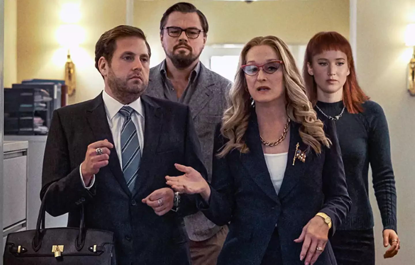 Hill, DiCaprio, Streep and Lawrence in Don't Look Up (Netflix)