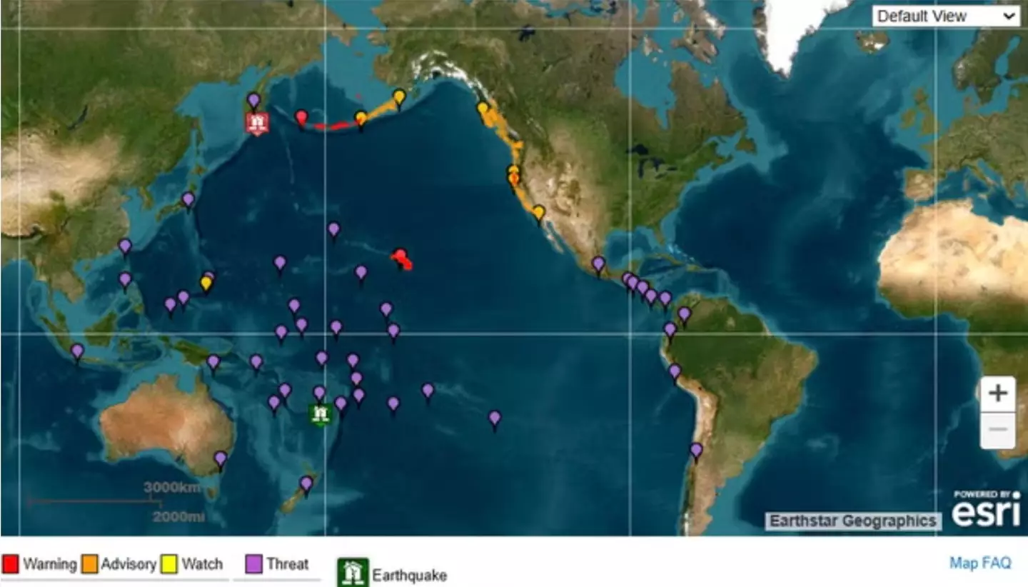 A map depicting the locations along the Pacific coast which are under warnings, watch or at threat (US Tsunami Warning Center)