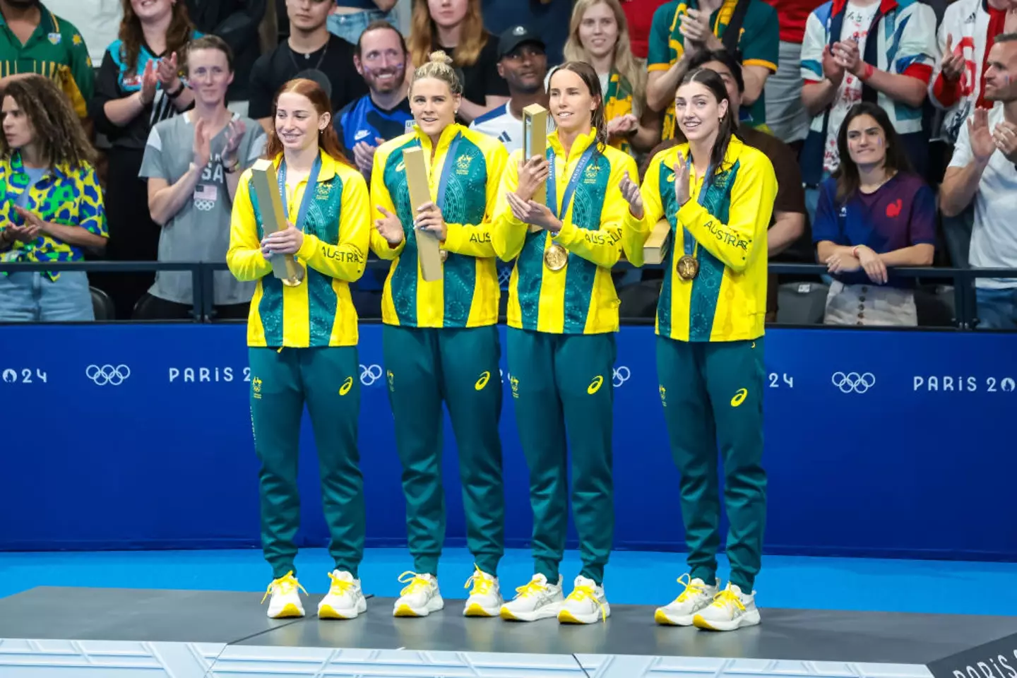 Mollie O'Callaghan, Shayna Jack, Emma McKeon and Meg Harris of Team Australia. (Jean Catuffe/Getty Images)