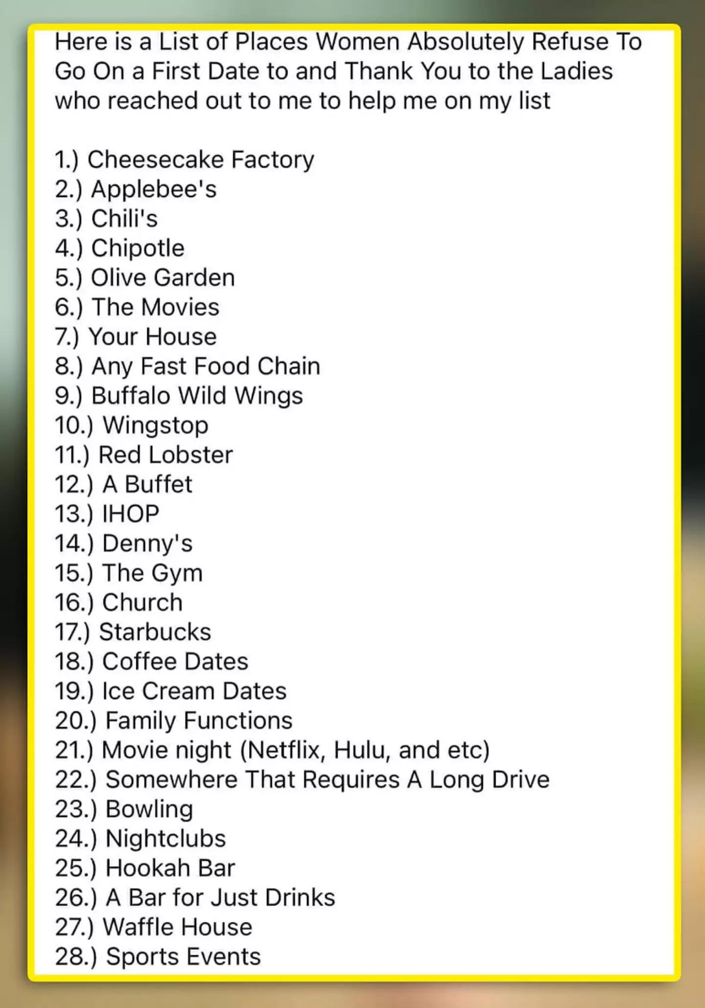 A list of places women don’t want to go on a first date has gone viral.
