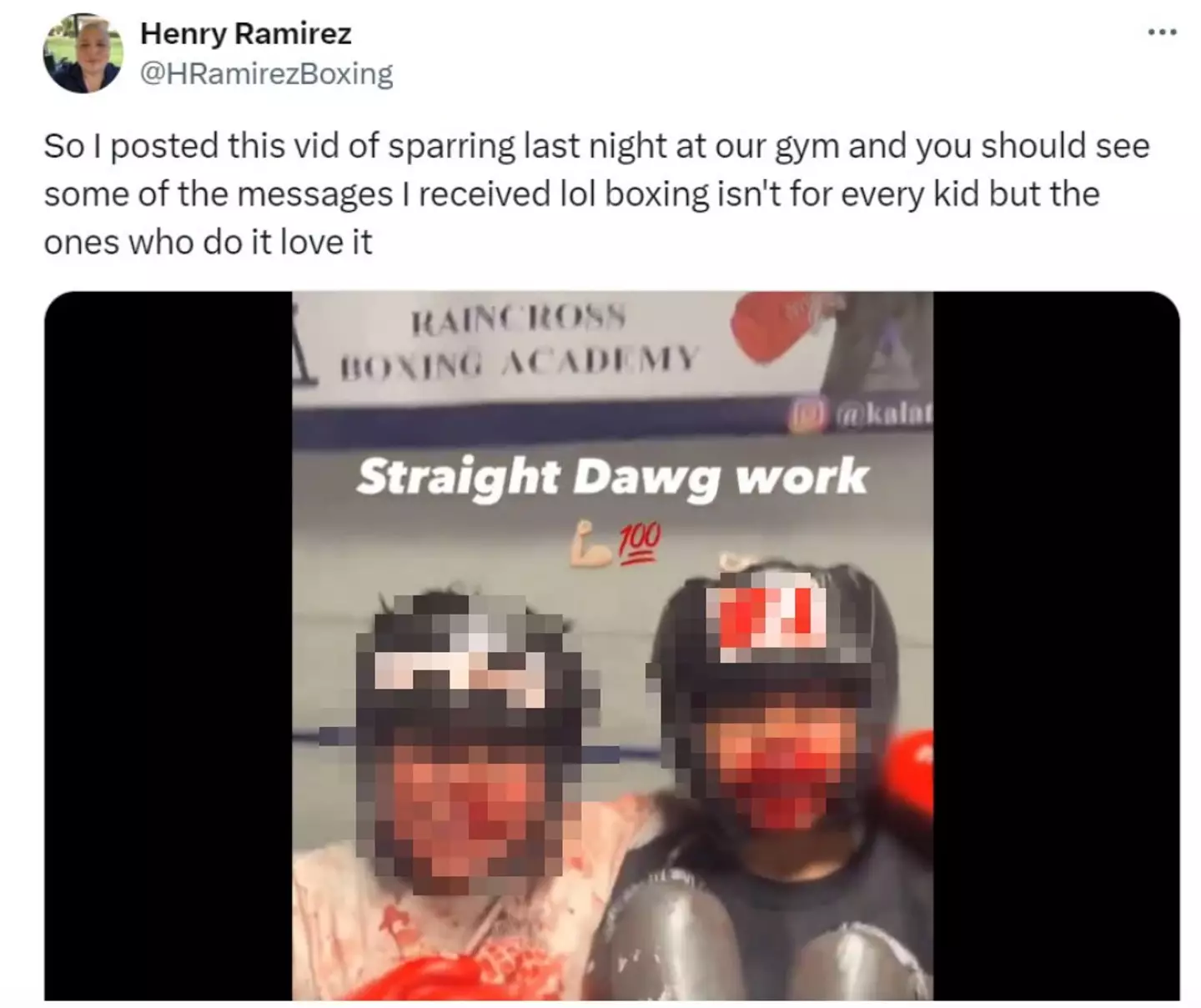 The boxing coach posted a video of the results of a sparring match between a nine and 10-year-old with blood on their faces.