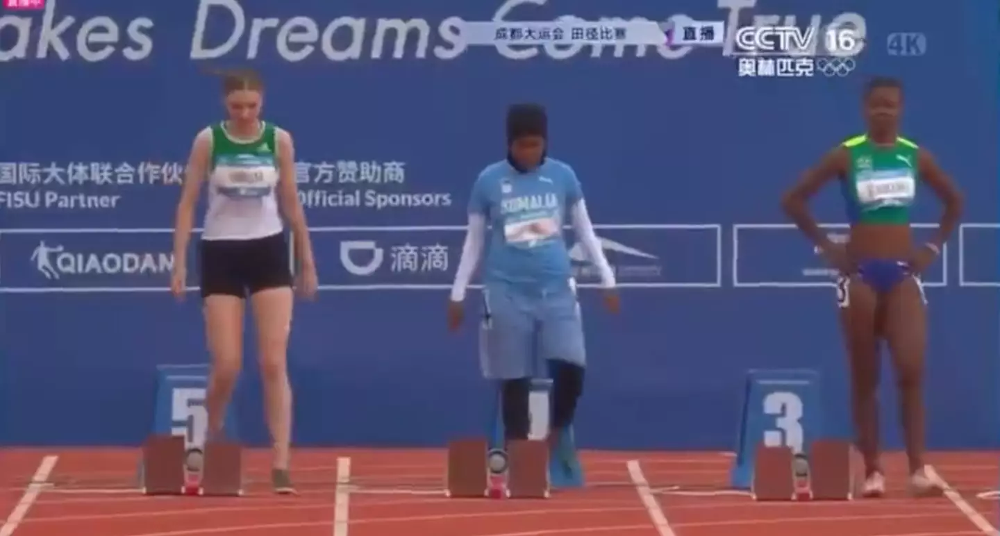 The Somali athlete lined up with her fellow sprinters.