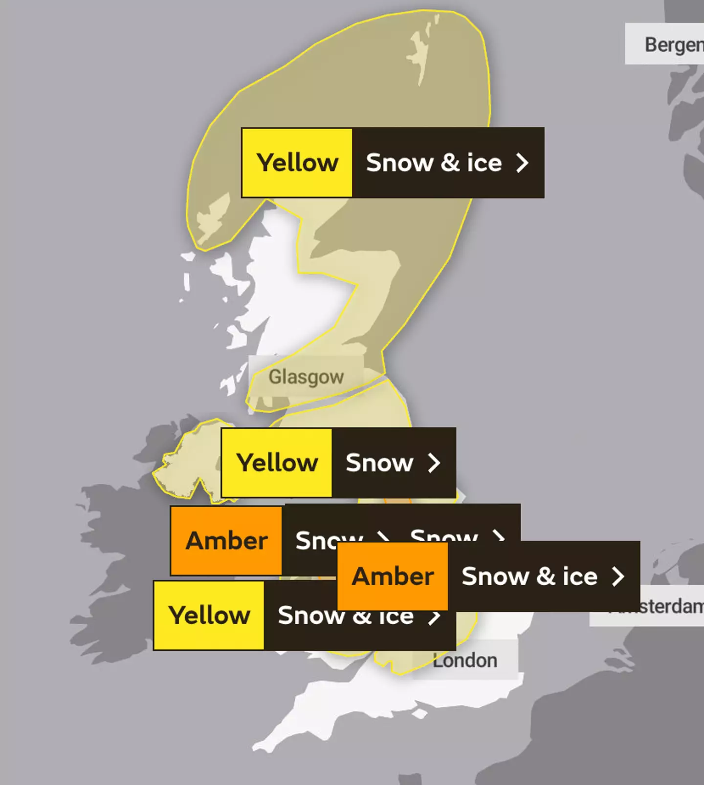 Amber and yellow weather warnings currently remain in place.