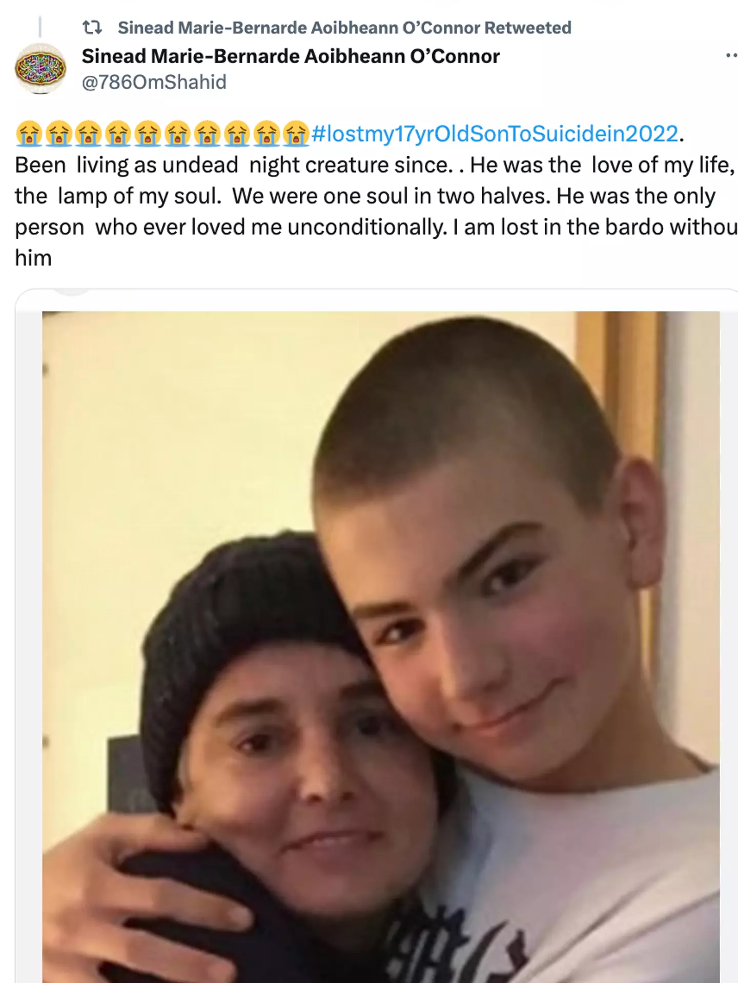 Sinéad O'Connor paid tribute to her son before her death.