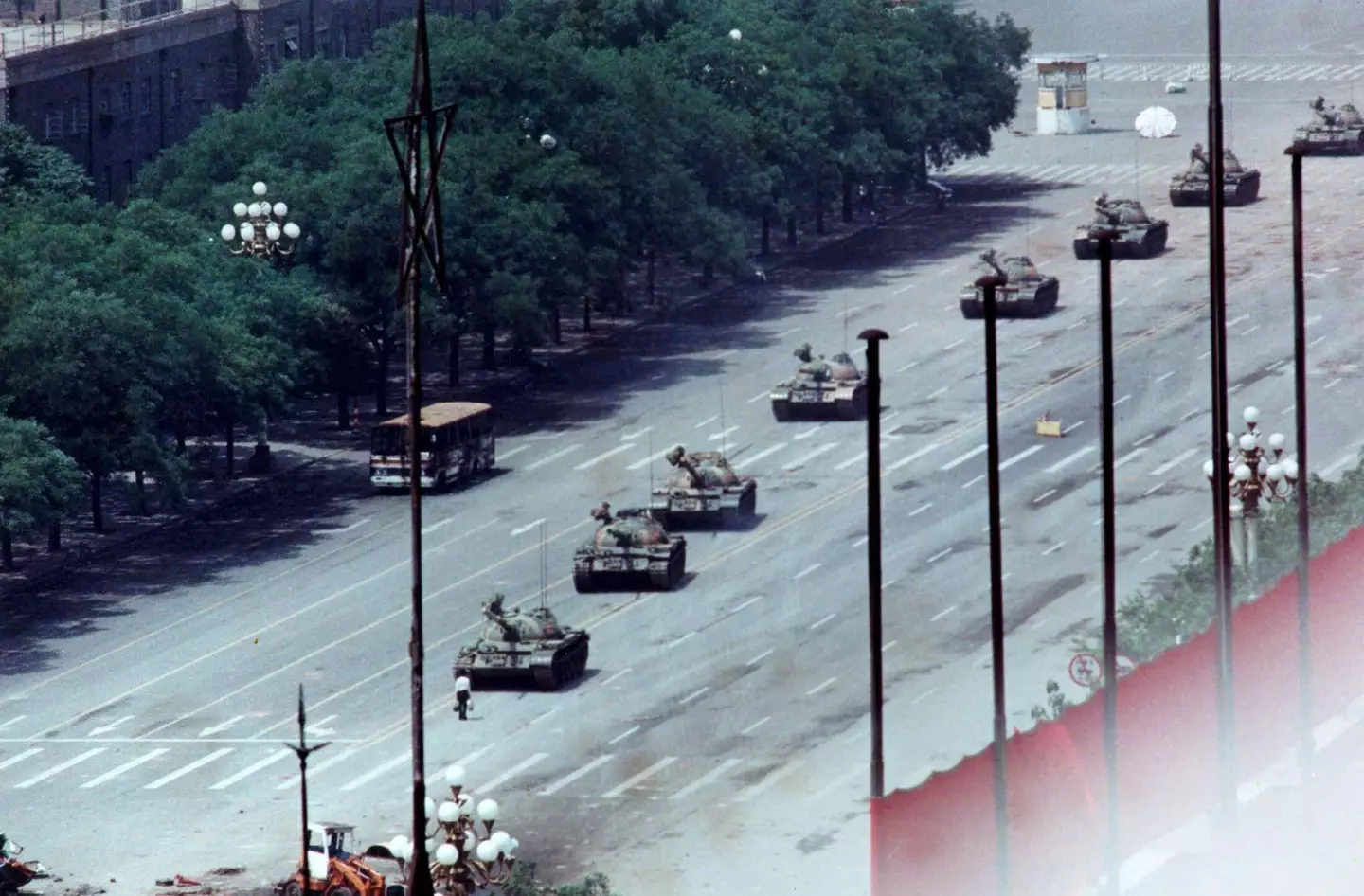 'Tank Man' standing down a line of four Chinese tanks in Beijing’s Tiananmen Square in 1989.