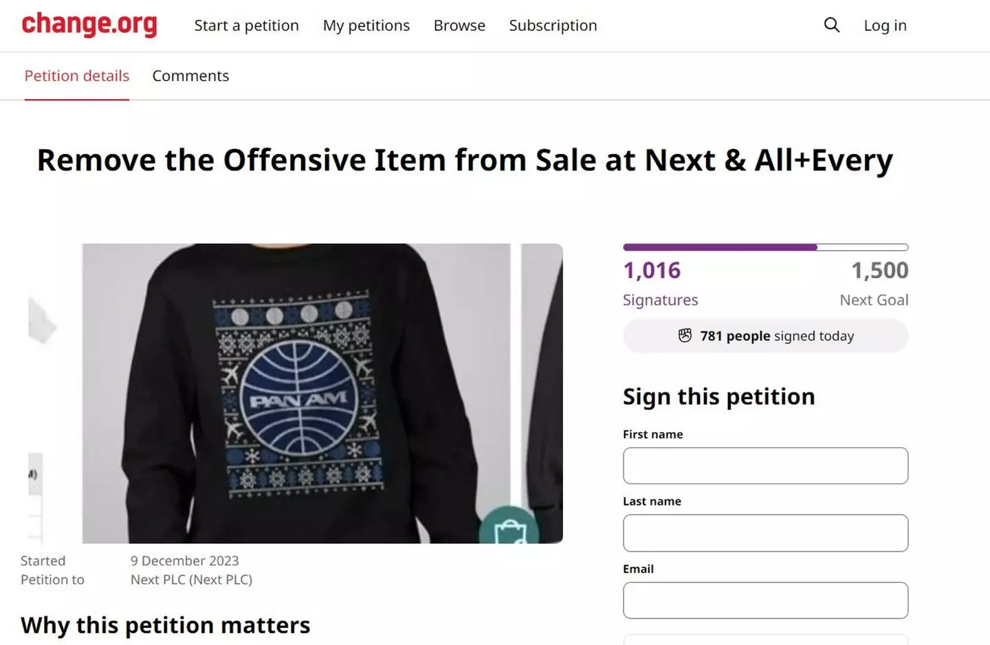 The festive jumper was branded 'offensive' because it featured the Pan Am logo.