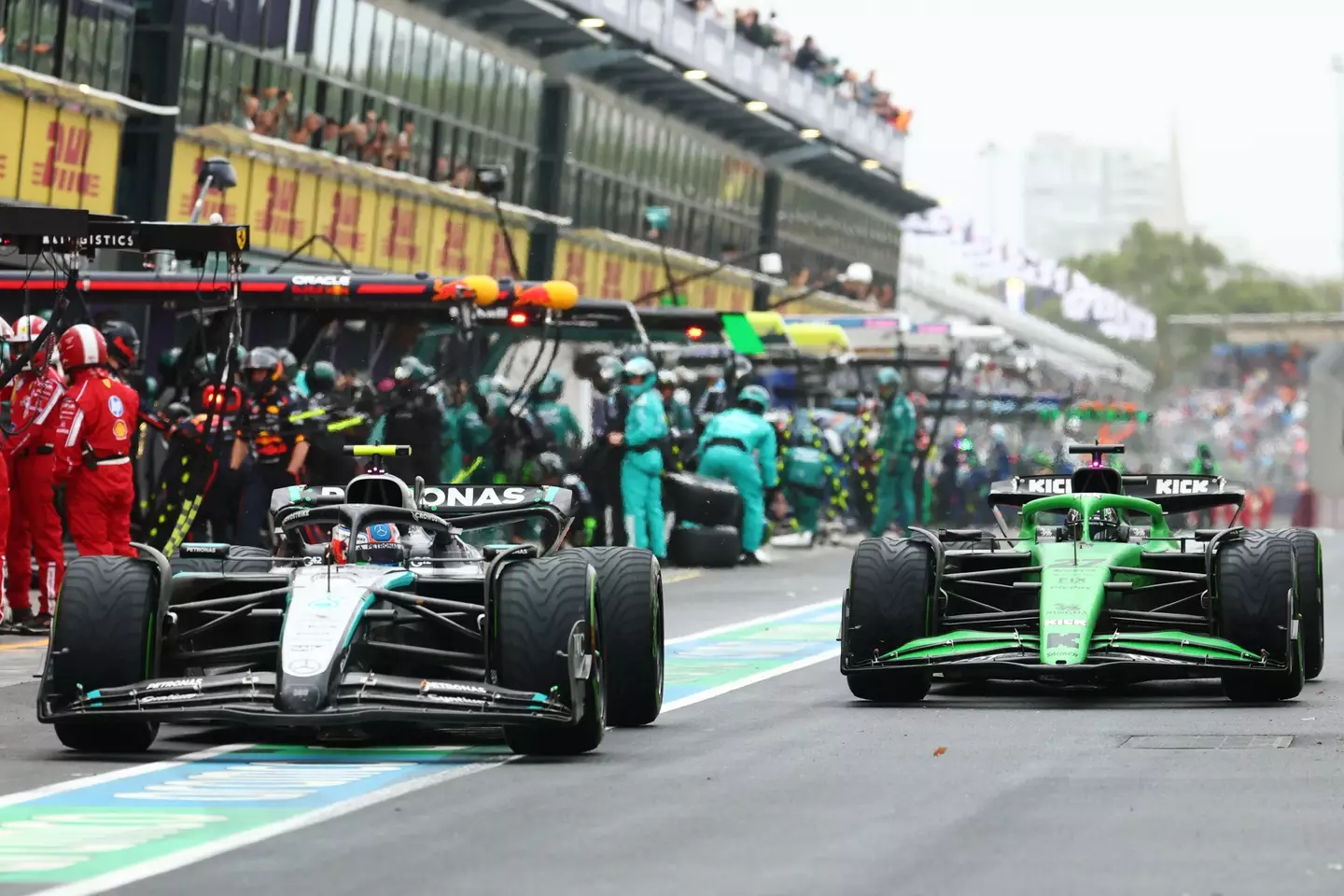 Antonelli (left) had been penalised for an unsafe release from the pit lane right into Nico Hulkenberg's (right) path, but stewards withdrew the penalty after seeing new footage (Clive Rose/Getty Images)